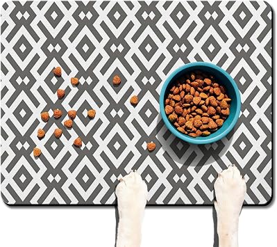 Pet Feeding Mat - Absorbent Non Slip Dog Cat Food Mat, Waterproof Pet Placemat for Food and Water Bowls 24"x32", Gray White Diamond