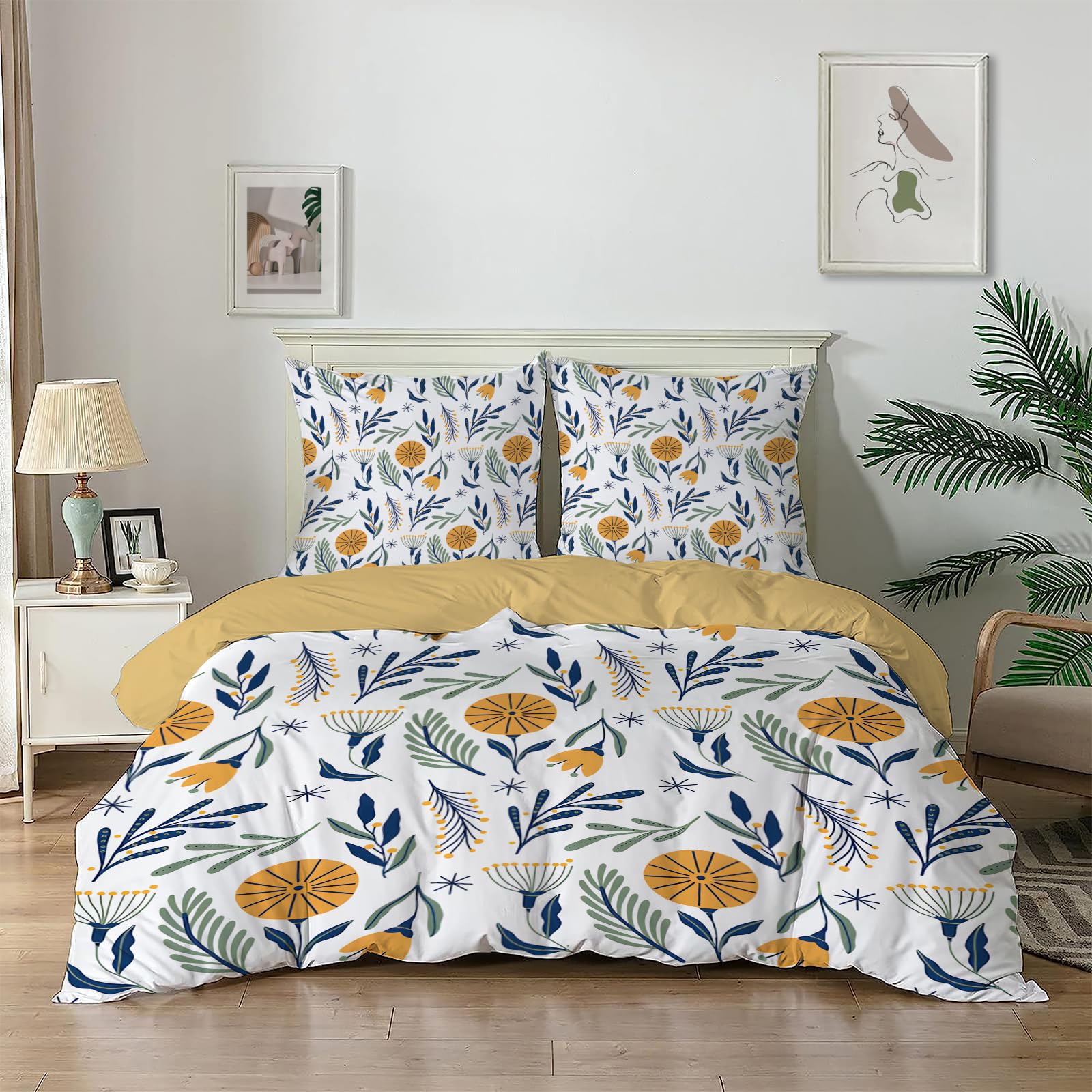 Dyausi Women's Yellow Emperor Duvet Cover Set Floral Stylish Bedding Set 3Pcs With Zipper Closure For Girls Reversible Microfiber Quilt Cover 290X235cm And 2 Pillowcases 50X75cm