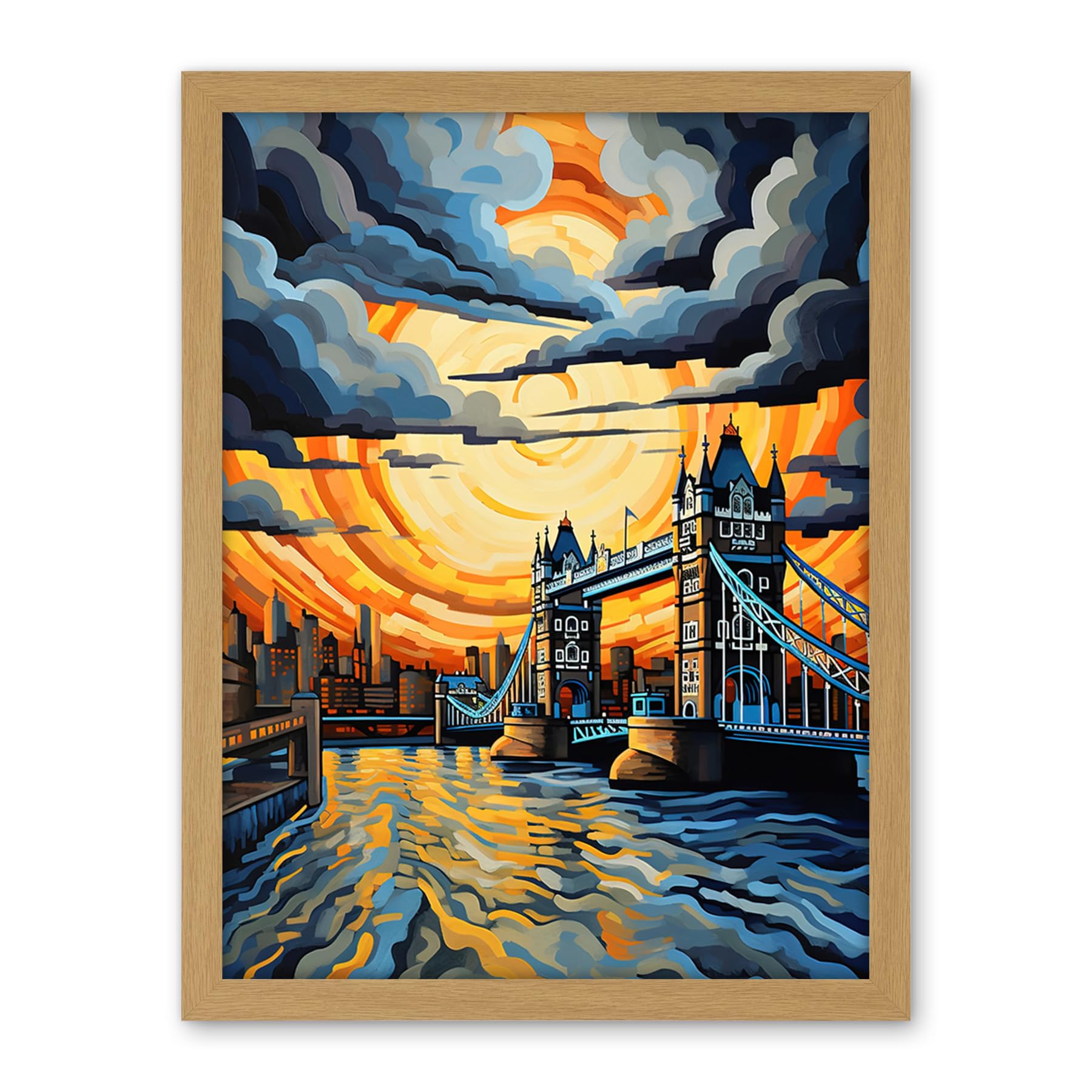 Artery8 London Tower Bridge Dramatic Sunset Vibrant Artwork Blue Orange River Thames England Cloudy Sky Artwork Framed Wall Art Print 18X24 Inch
