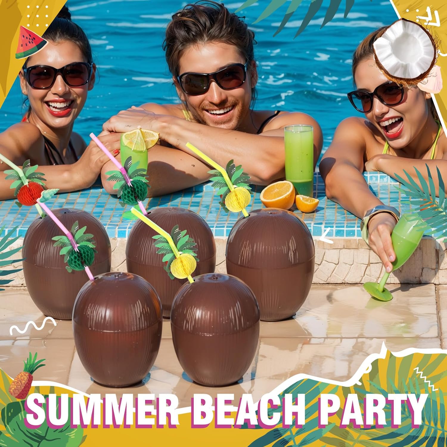 Hushee 24 Pcs Plastic Coconut Cup for Hawaiian Luau Party 24 Coconut Honeycomb Straws 24 Turtle Leaves 24 Hibiscus Flower Plastic Hawaii Cups with Straws for Summer Theme Birthday Party Favors