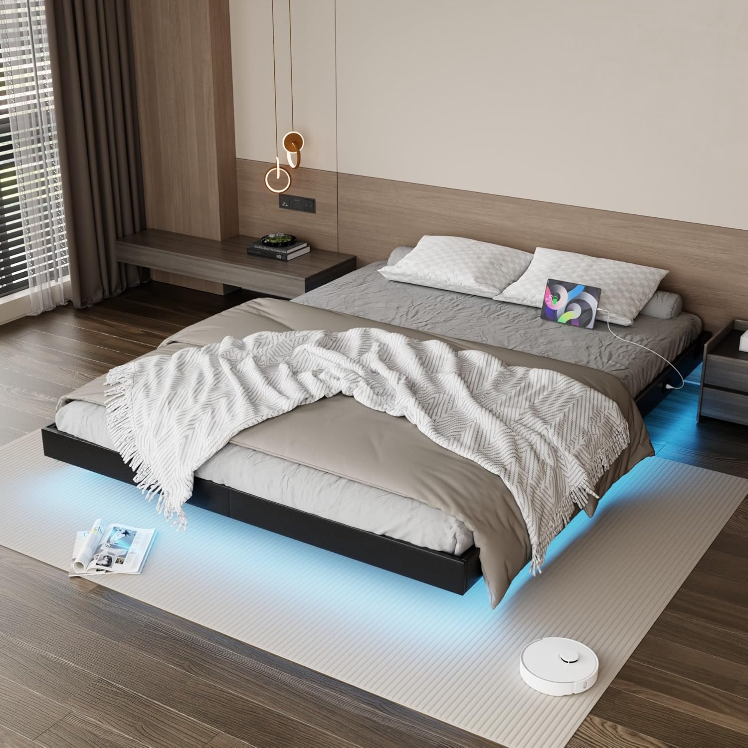 Floating Bed Frame Full Size with LED Lights and Charging Station, Black PU Metal Platform Bed Frame, Easy Assembly, No Box Spring Needed (Full)