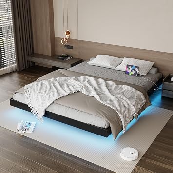 Floating Bed Frame Queen Size with LED Lights and Charging Station,Upholstered Queen Platform Bed Frame,Heavy Slats Support, Noise Free,Easy Assembly, No Box Spring Needed,Black PU