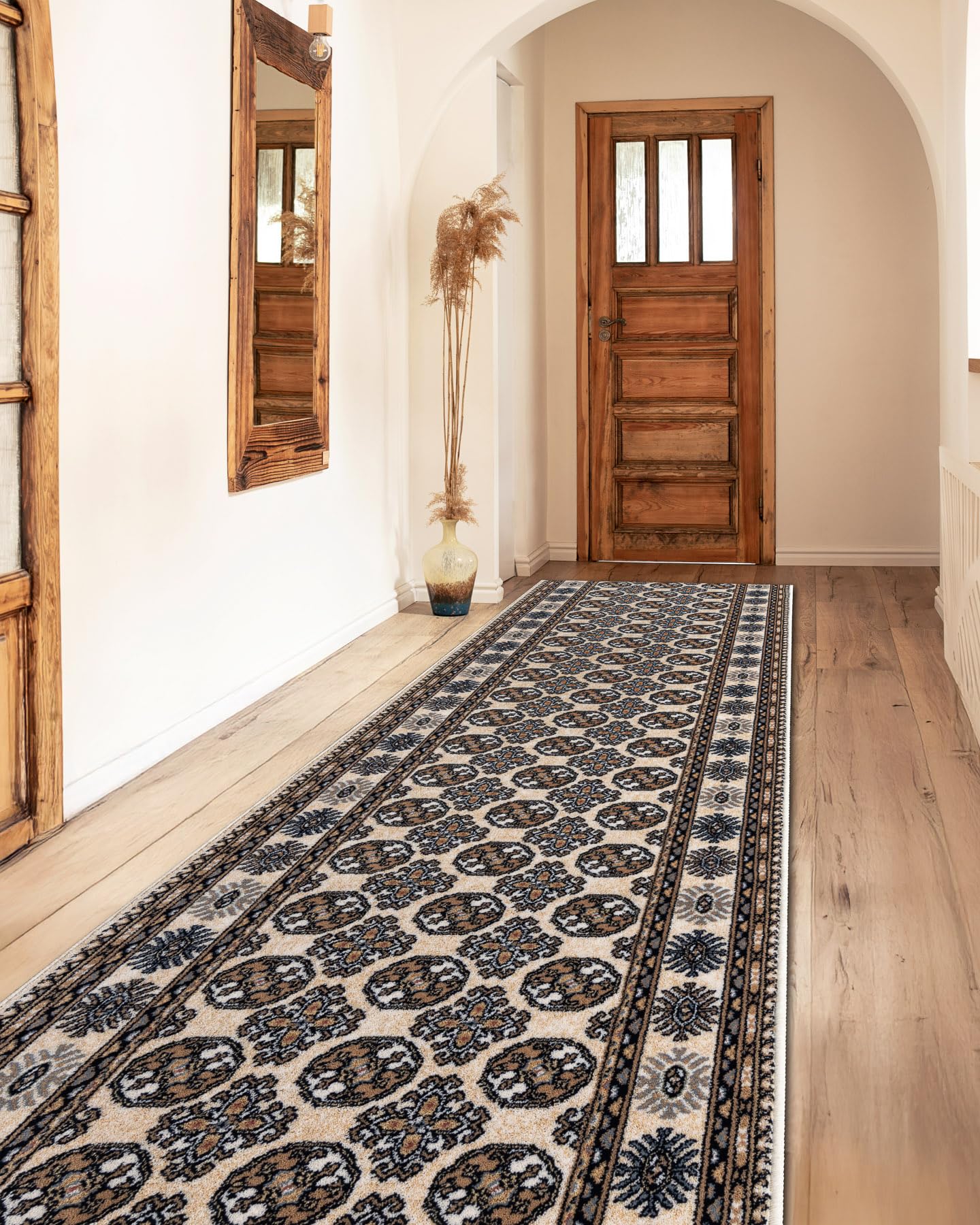 rugsx NAIN Läufer - Hochwertiger Wollteppich mit Rosettenmuster in Beige & Dunkelblau - Eleganter Orient-Teppich für Flur & Wohnzimmer 80x200 cm
