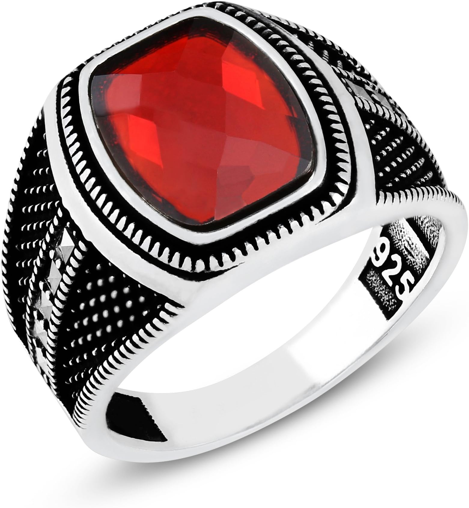 chimoda Mens Rings in 925 Sterling Silver Handmade Ring with Red Cubic Zirconia and Marcasite