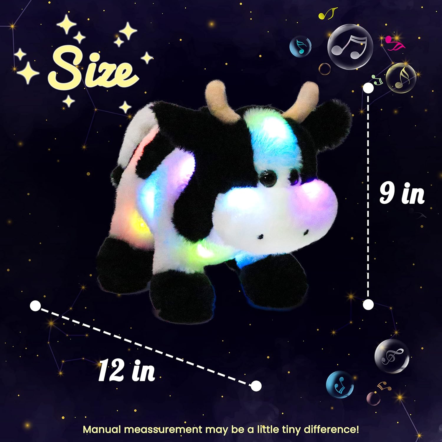 Hopearl LED Musical Stuffed Cow Lighting Up Singing Plush Toy Adjustable Volume Lullaby Animated Soothe Birthday Festival for Kids Toddler Girls, 12'' - Image 2