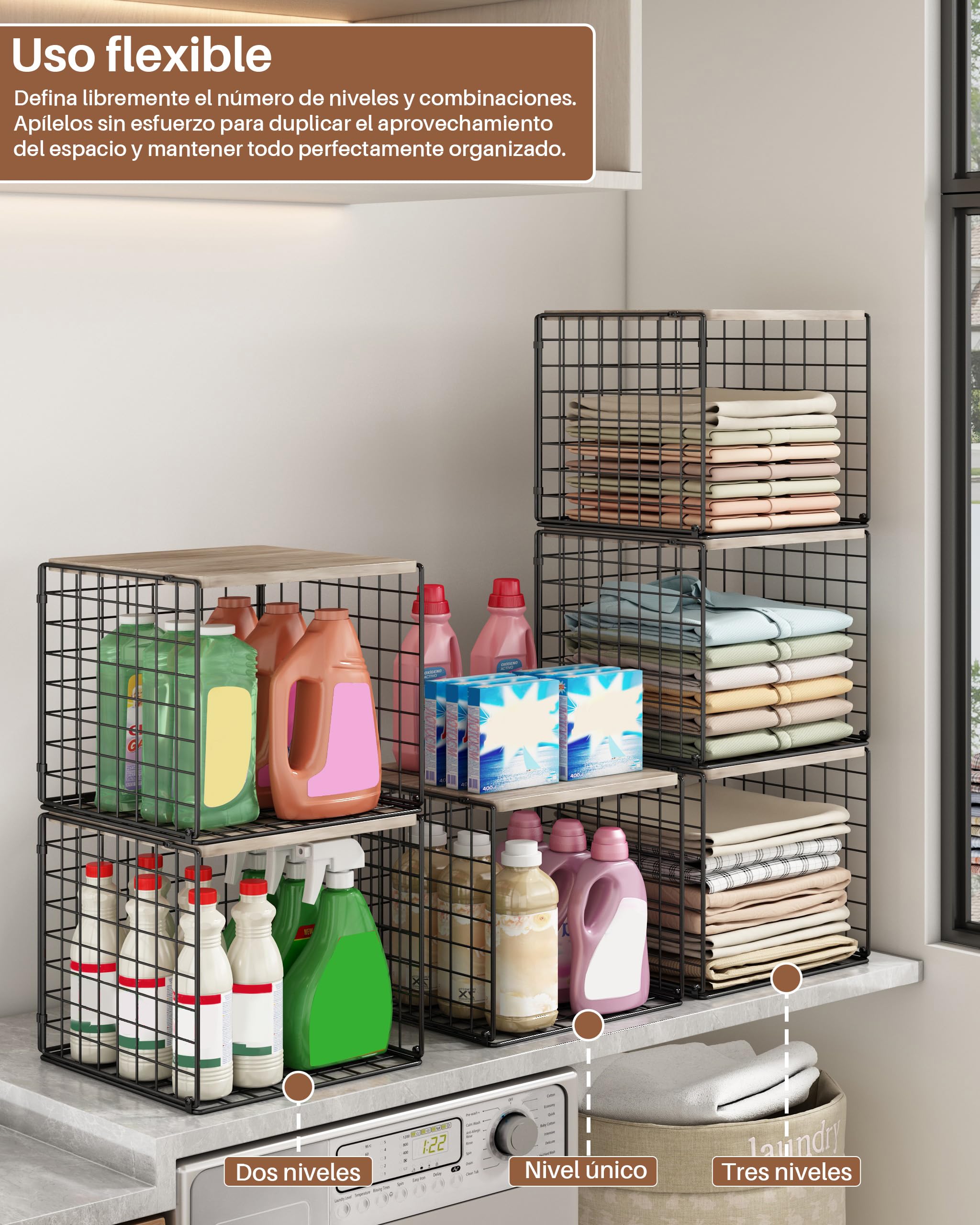 UMDONX Organizador Armario de 4 Piezas | con Apilable Separadores Armario Metal-Estanteria Cubos Negro-30.5x30.5x31CM