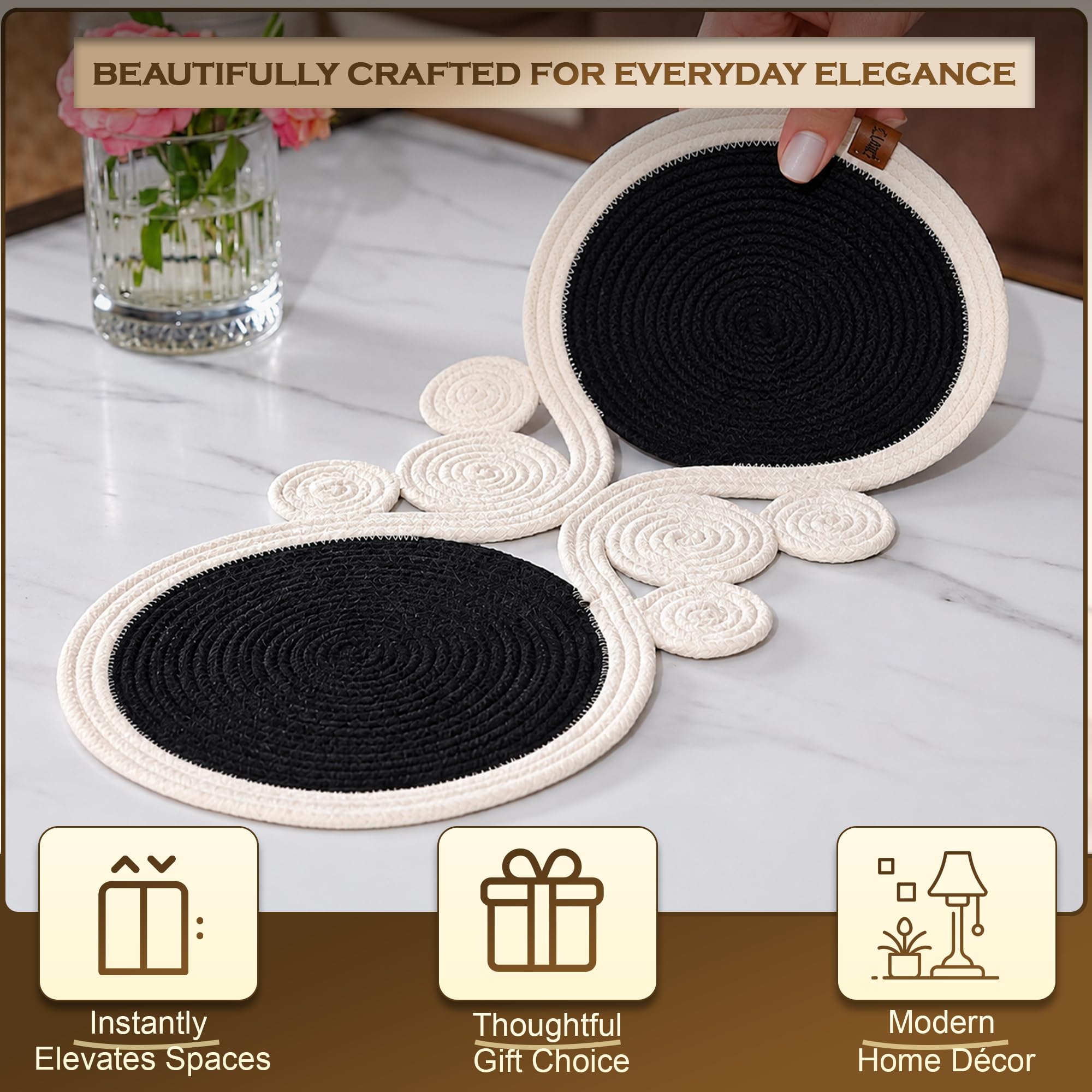 Chemin de table en jute tissé à la main - Centre noir avec bordure blanche - Décoration de table de salle à manger bohème - Fibre naturelle durable cousue en zigzag - Chemin de table décoratif moderne