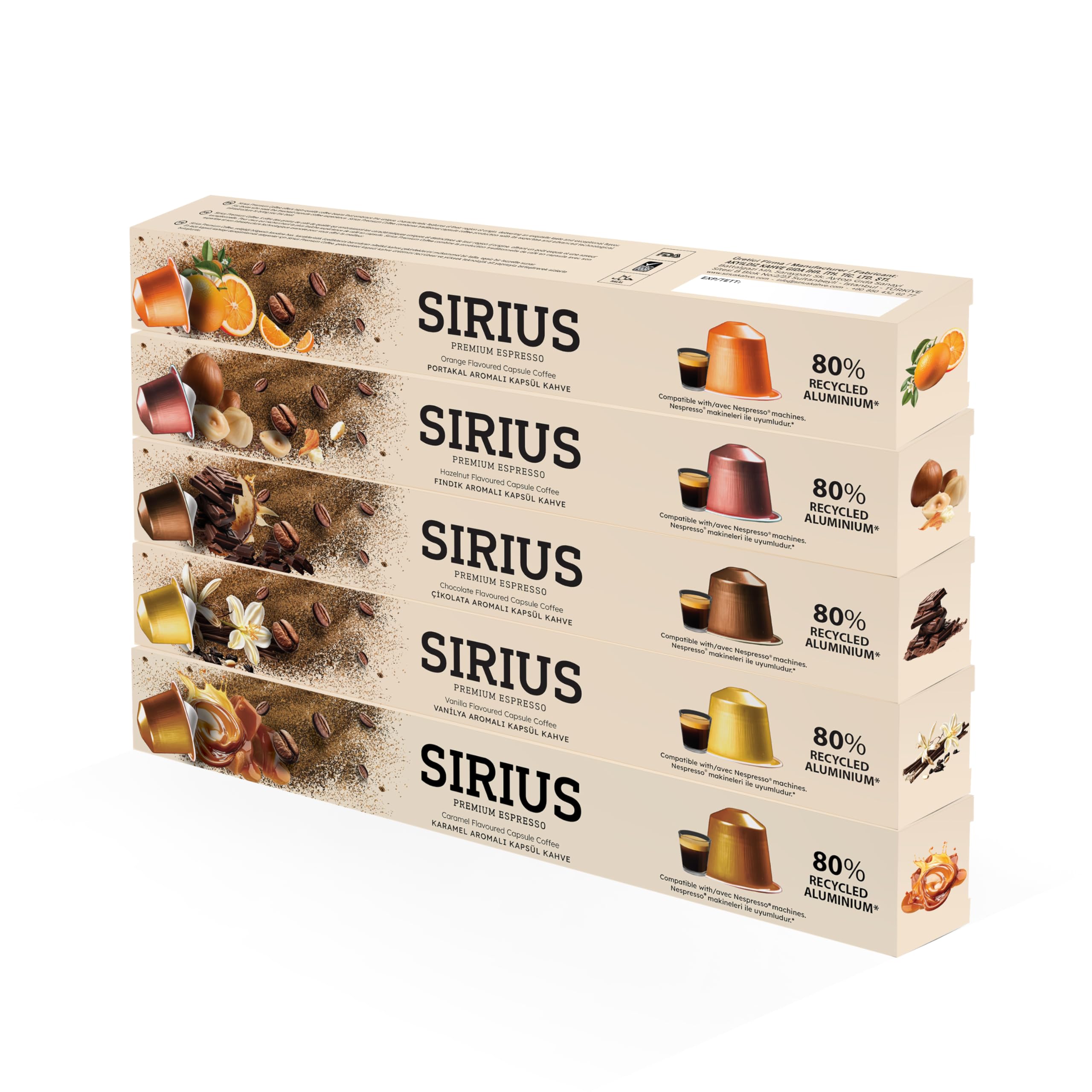 Sirius Premium Aromalı Kapsül Kahve 5'li Set (Karamel-Vanilya-Çikolata-Fındık-Portakal)
