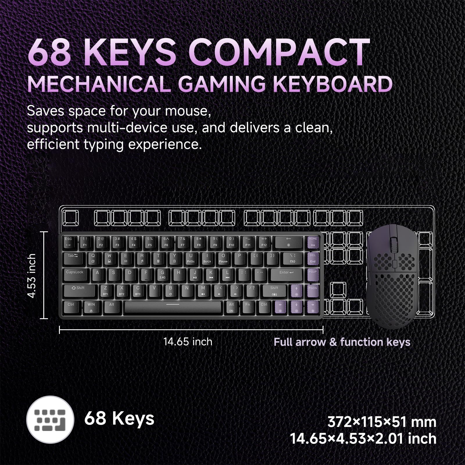 Dierya DK68 Tastiera Gaming Wireless,60% Tastiera Meccanica Bluetooth/2.4G/USB-C RGB,Interruttore Rosso,Double-Shot ABS Keycaps Compatibile con Win/Mac,Nero(Layout US,QWERTY)