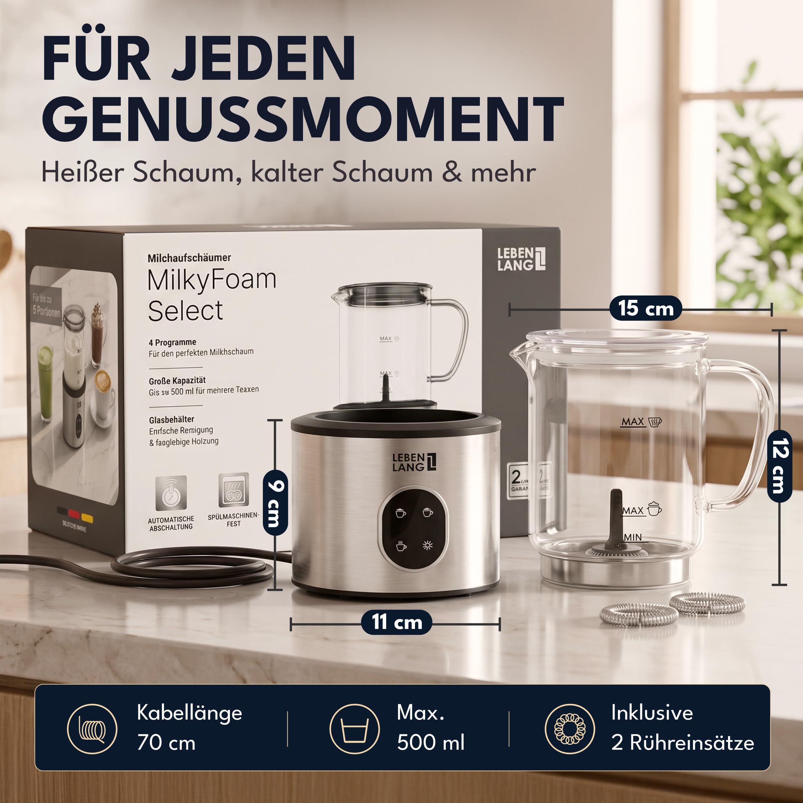 LEBENLANG Milchaufschäumer Glas - 100% BPA-Frei, XXL 500ml & 600W I Abnehmbarer Behälter Spülmaschinenfest Inkl. 2x Ersatzschäumer I Elektrischer Milchaufschäumer elektrisch Milchschäumer elektrisch