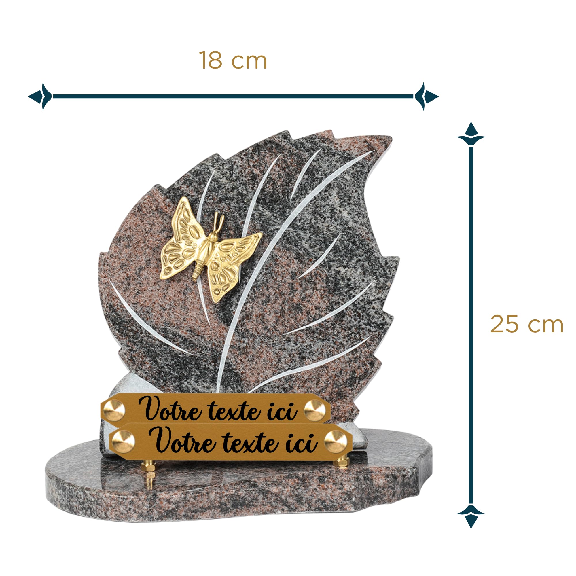 Plaque funéraire personnalisée Feuille - Granit - assemblée en France - Gravure Feuille Bronze Papillon - L 18 X H 25 cm - 2 textes
