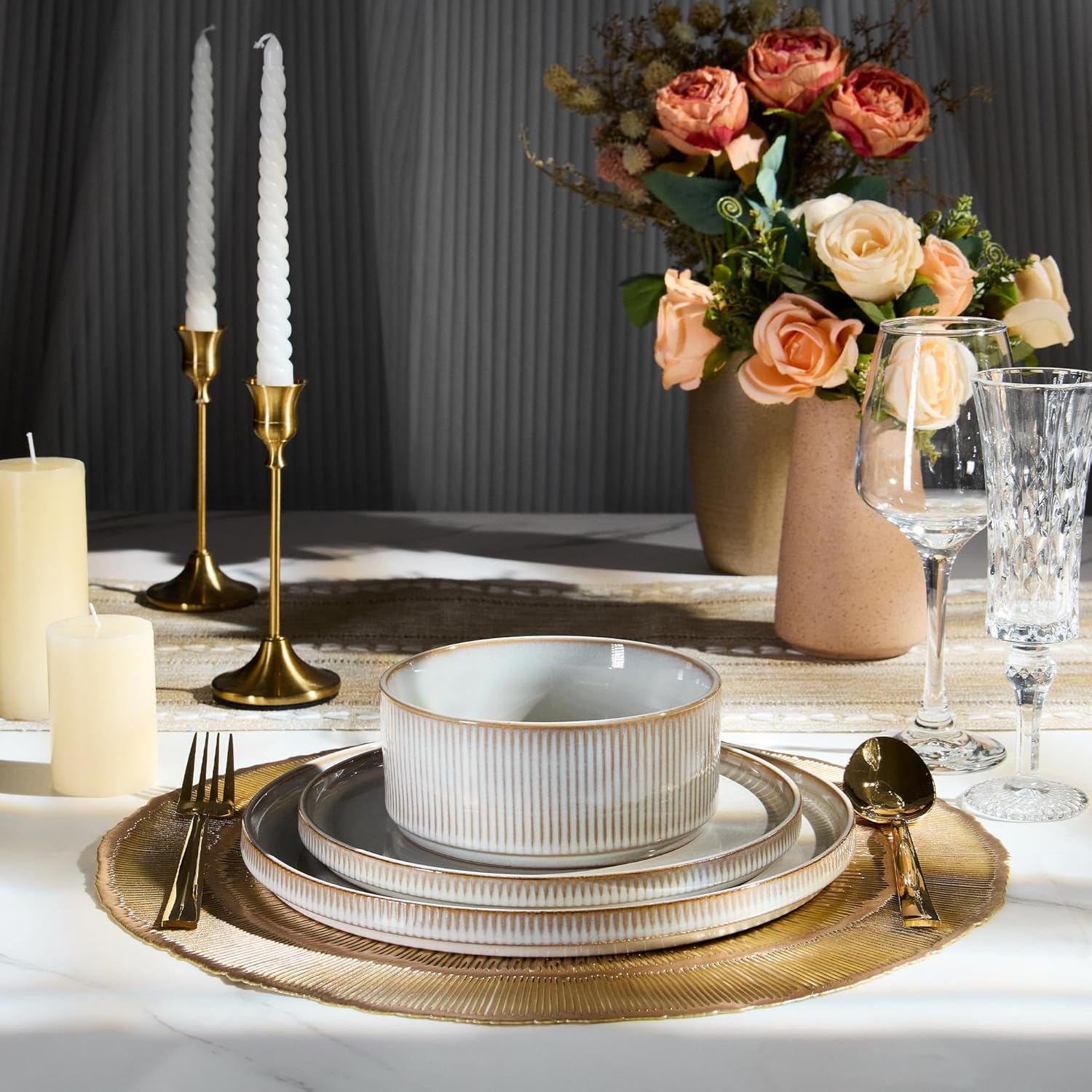 E-far 12-Piece Plates and Bowls Sets, Stoneware Dinnerware Dishes Sets for 4, Kitchen Modern Dining Dishware, Chip & Scratch Resistant, Microwave & Dishwasher Safe, Creamy Beige - Image 6