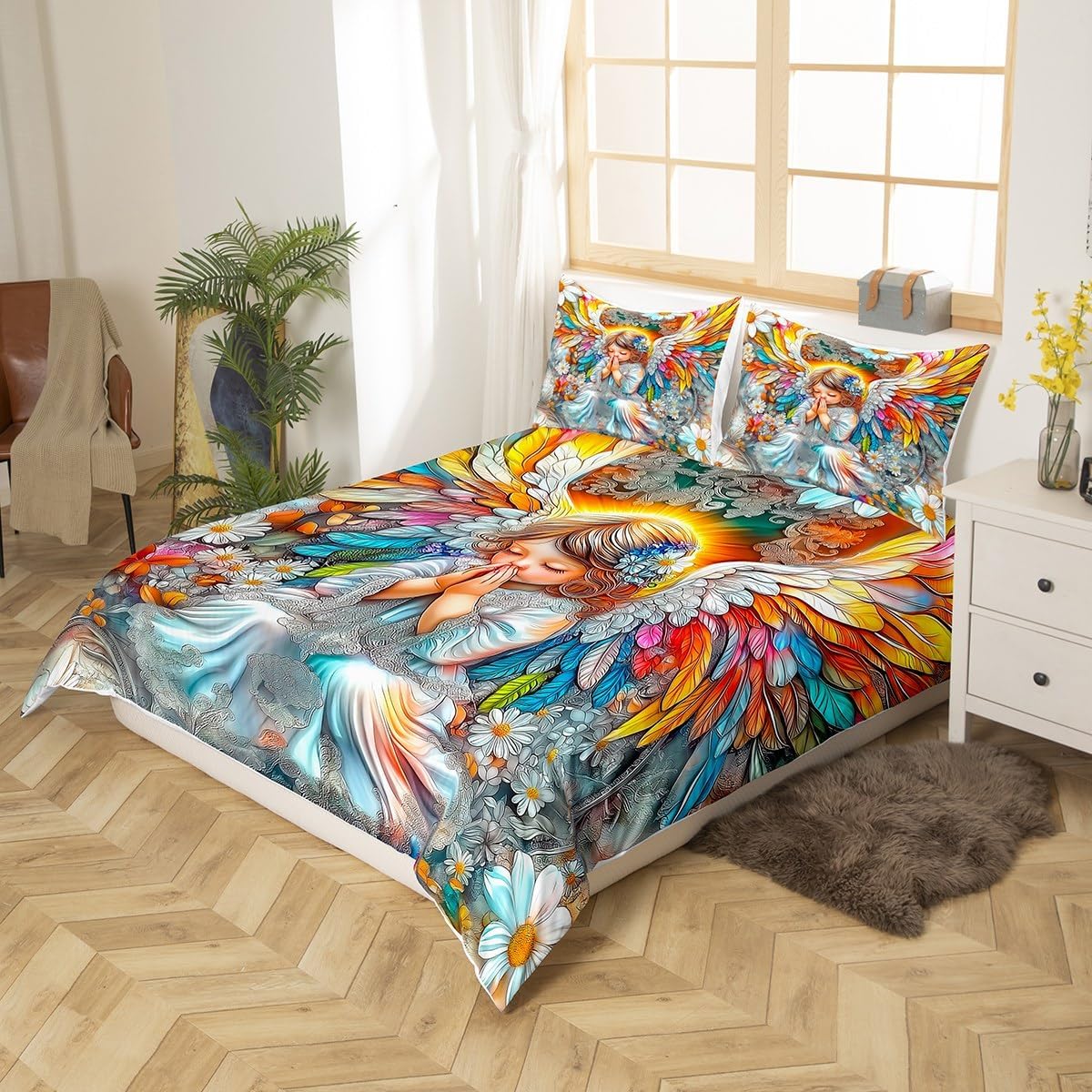 Erosebridal Bohemian Angel Baby Duvet Cover 2 Piece Rainbow Angel Wings Comforter Cover Toddler Vintage Angel Bedding Set Magic Fairy Floral Quilt Cover Fantasy Daisy Flowers Decor