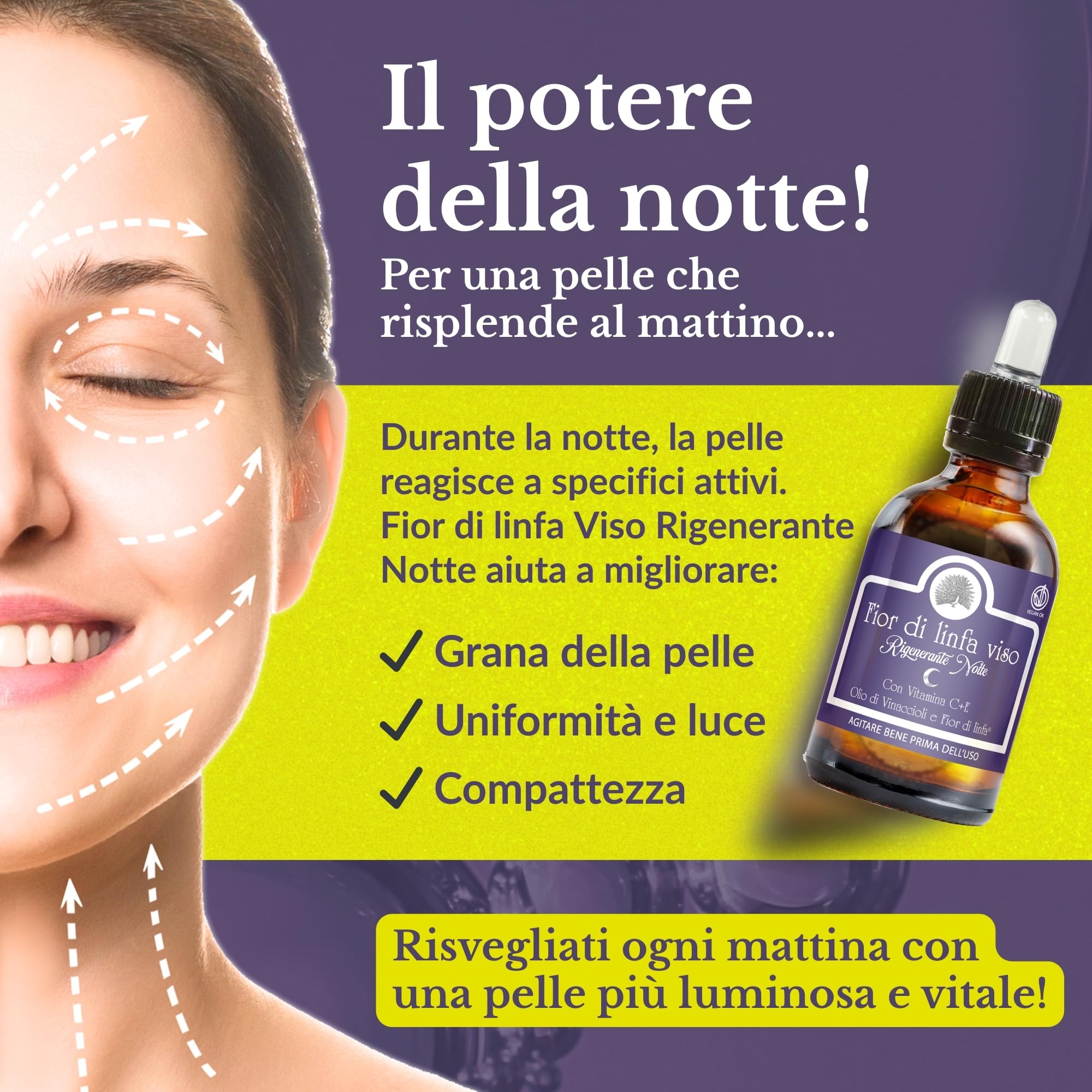 Mary Rose Fior di Linfa Notte 50 ml, Siero Viso con Vitamina C e E, Siero Viso Antirughe, Skincare Illuminante Uomo Donna, Crema Collo, Made in Italy