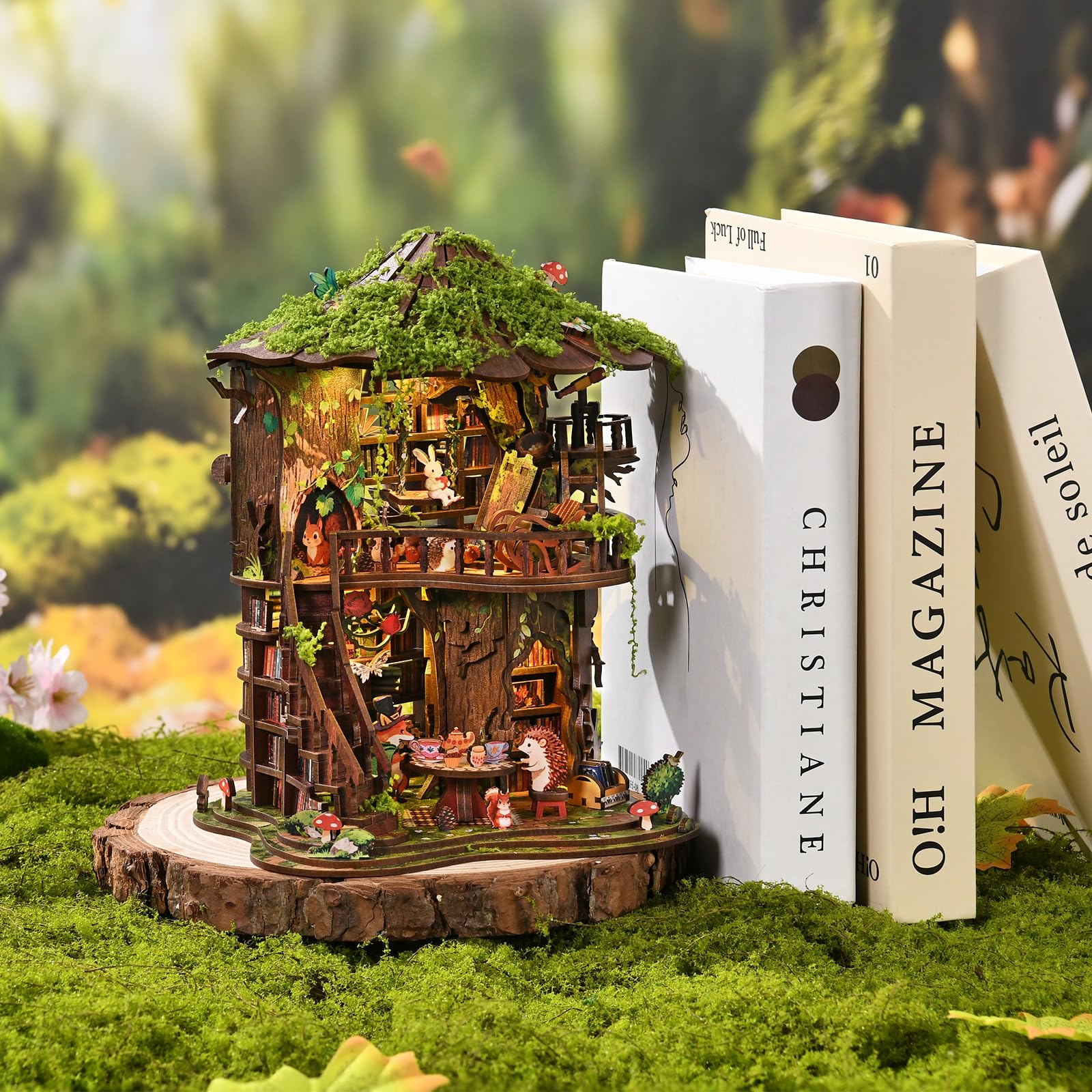 Forest Tea Book Club DIY Miniaturowy zestaw podpórek do książek, drewniane puzzle 3D ze światłem LED, zestaw do budowania dla dorosłych, idealny prezent dla miłośników książek (AW02-006)