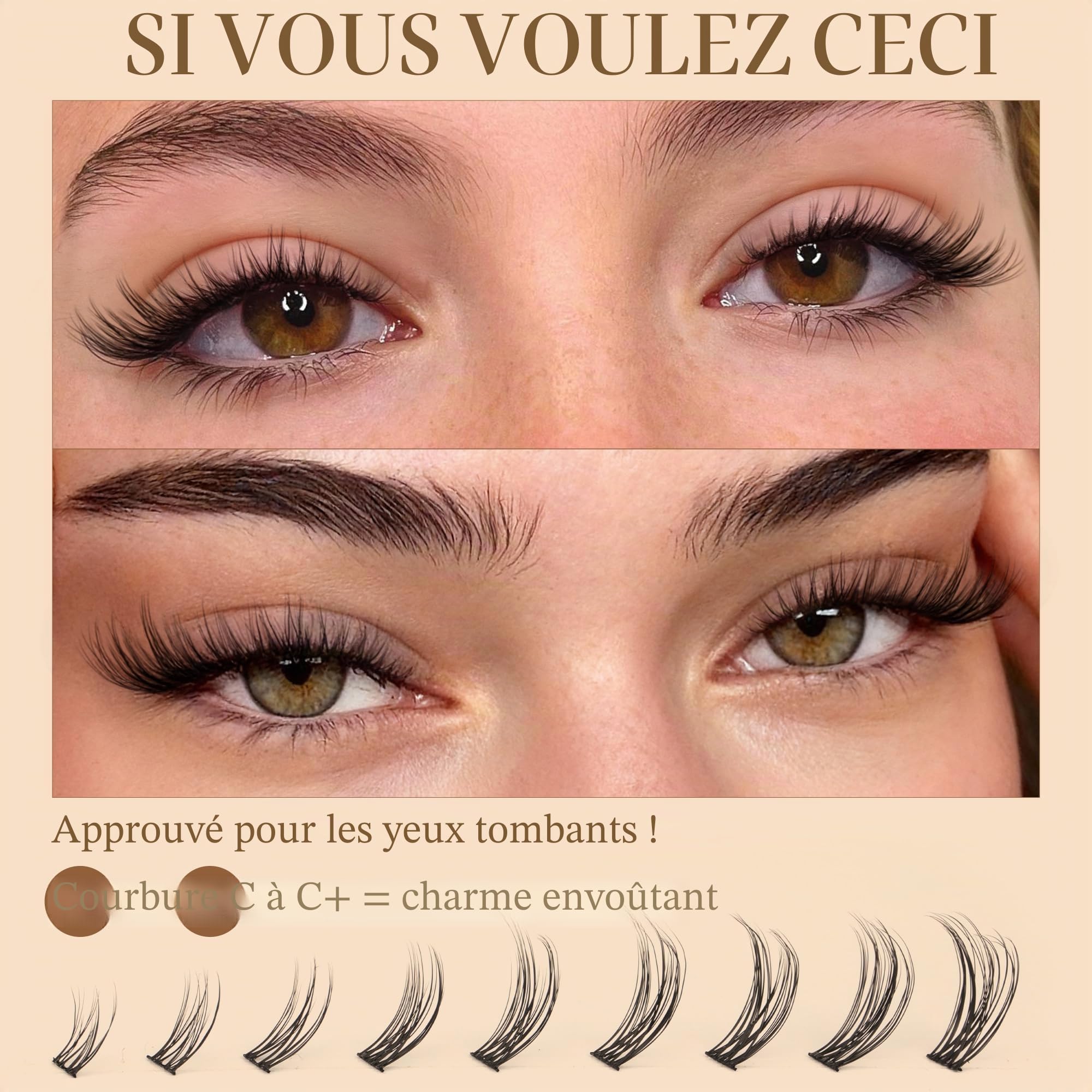 TOOCHUNAG Lot de 180 grappes de cils individuels, courbure C, gauche/droite, 7 à 15 mm, courbure C