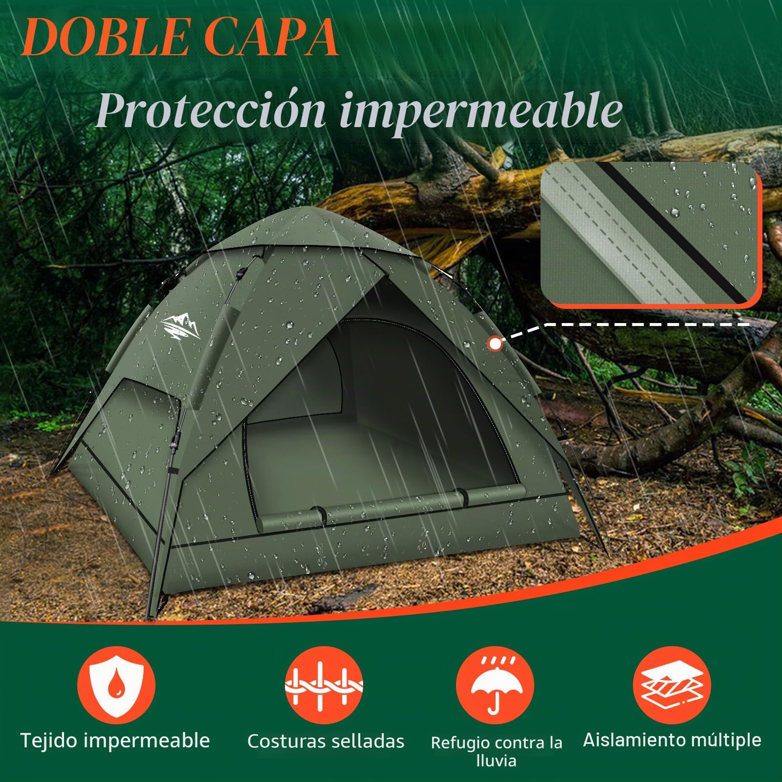 Tienda de Campaña 2-3 Personas Automática, Tienda de Cúpula de Doble Capa Portátil, Tienda de Campaña Grande para 3 Estaciones para Trekking, Familias, Camping