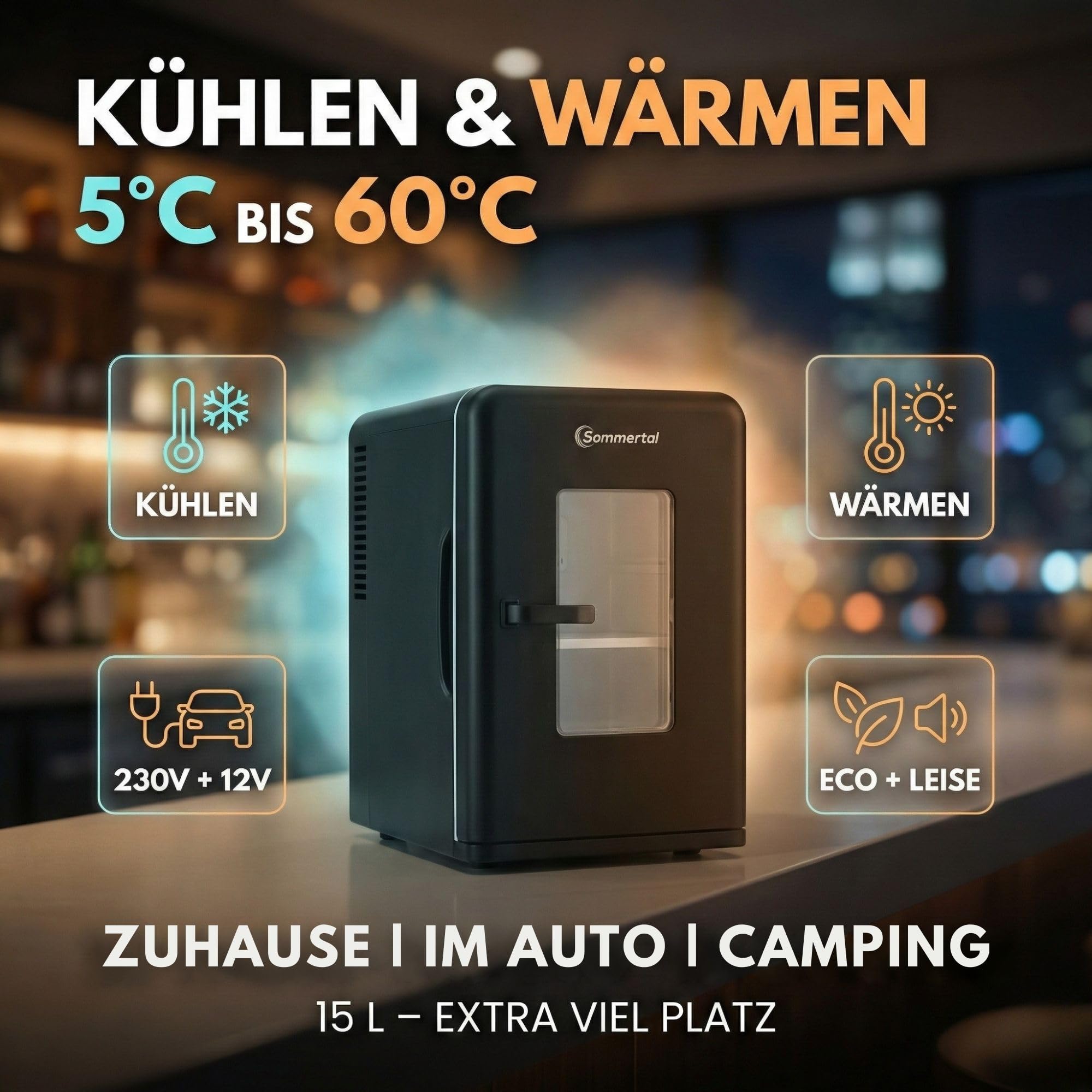 Sommertal KS15 Mini Kühlschrank, kühlen und wärmen, Volumen 15L, 230V für Zimmer Steckdose und 12V DC für Auto, Bierkühlschrank, Getränkekühlschrank, Minibar klein tragbar