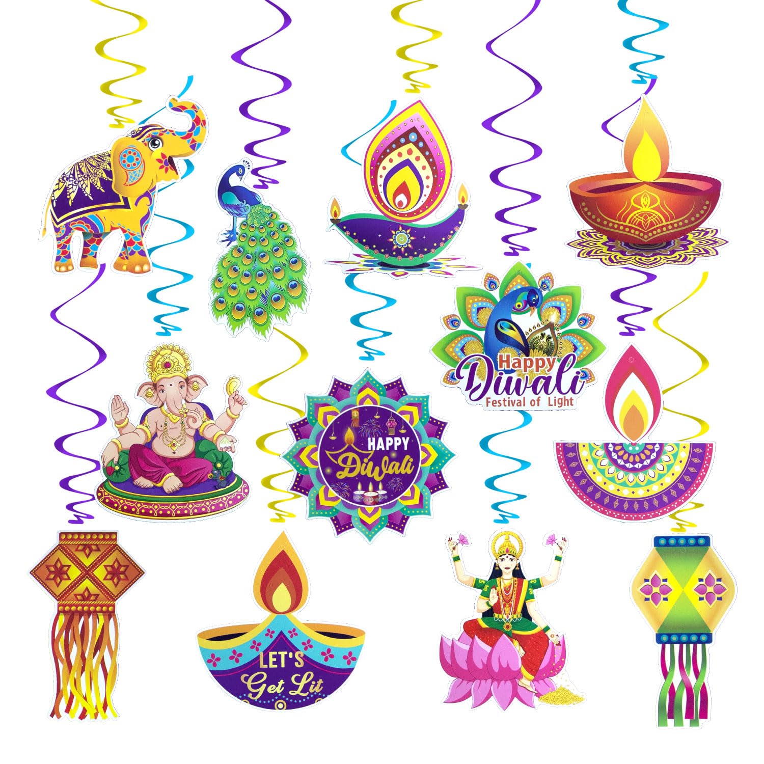 Dohia Happy Diwali Hanging Swirls Party Decoration Diwali Candles Hanging Foil Swirls Deepavali Ceiling Hanging Decorations India Diwali Festival Party Supplies ST3-PDJLXDS