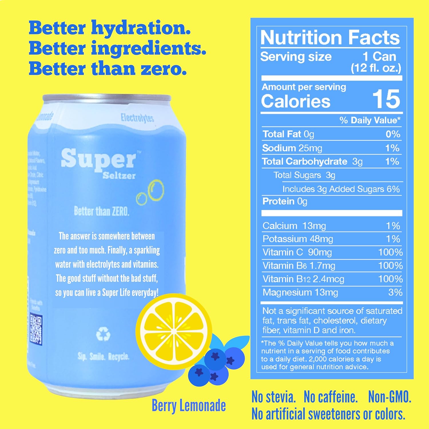 Super Seltzer Sparkling Water with Electrolytes and Vitamins, Berry Lemonade Naturally Flavored, 12 Fl Oz, Pack of 12 cans