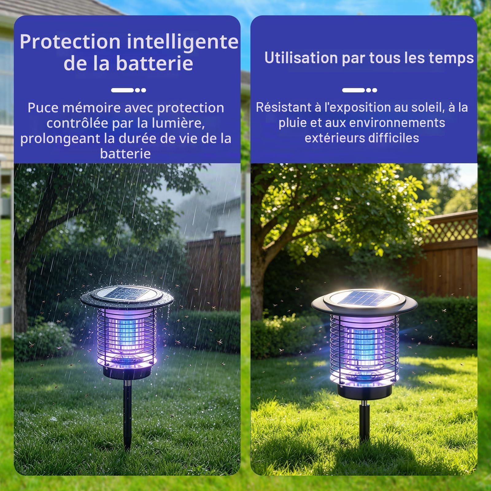 Lampe solaire anti-moustiques 2 en 1 - 3500 V - Haute tension - Batterie 4400 mAh - Couverture de 150 m² - Étanche IPX5 et lumière UV - Destructeur d'insectes efficace avec éclairage de jardin - Pour