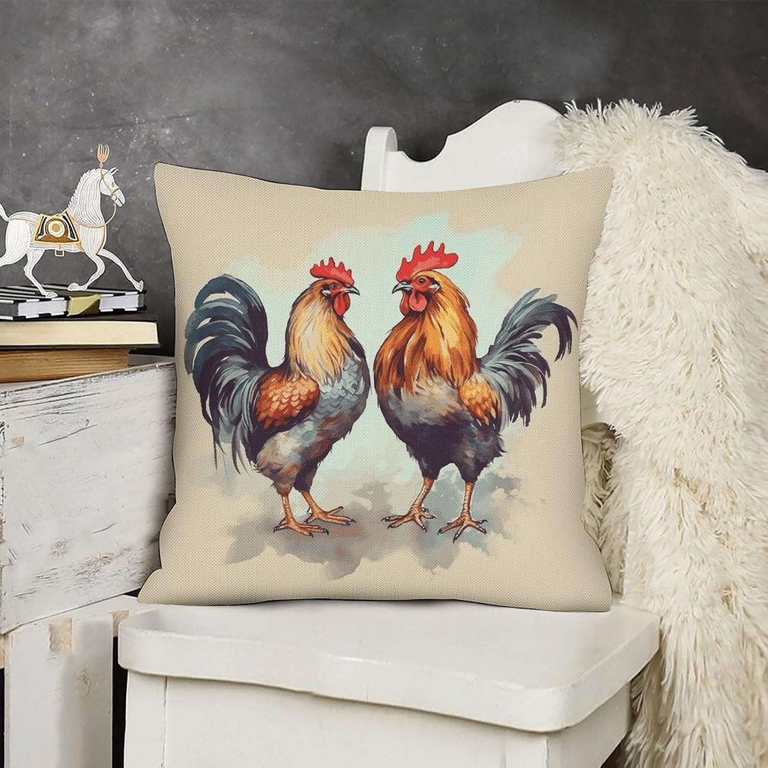 Rooster and Hen Pillow Protectors Cute Waterproof Pillow Cover Soft Skin-Friendly Cushion Case Decorative Square Cushion Cover for Couch Sofa Bed Living Room Bedroom