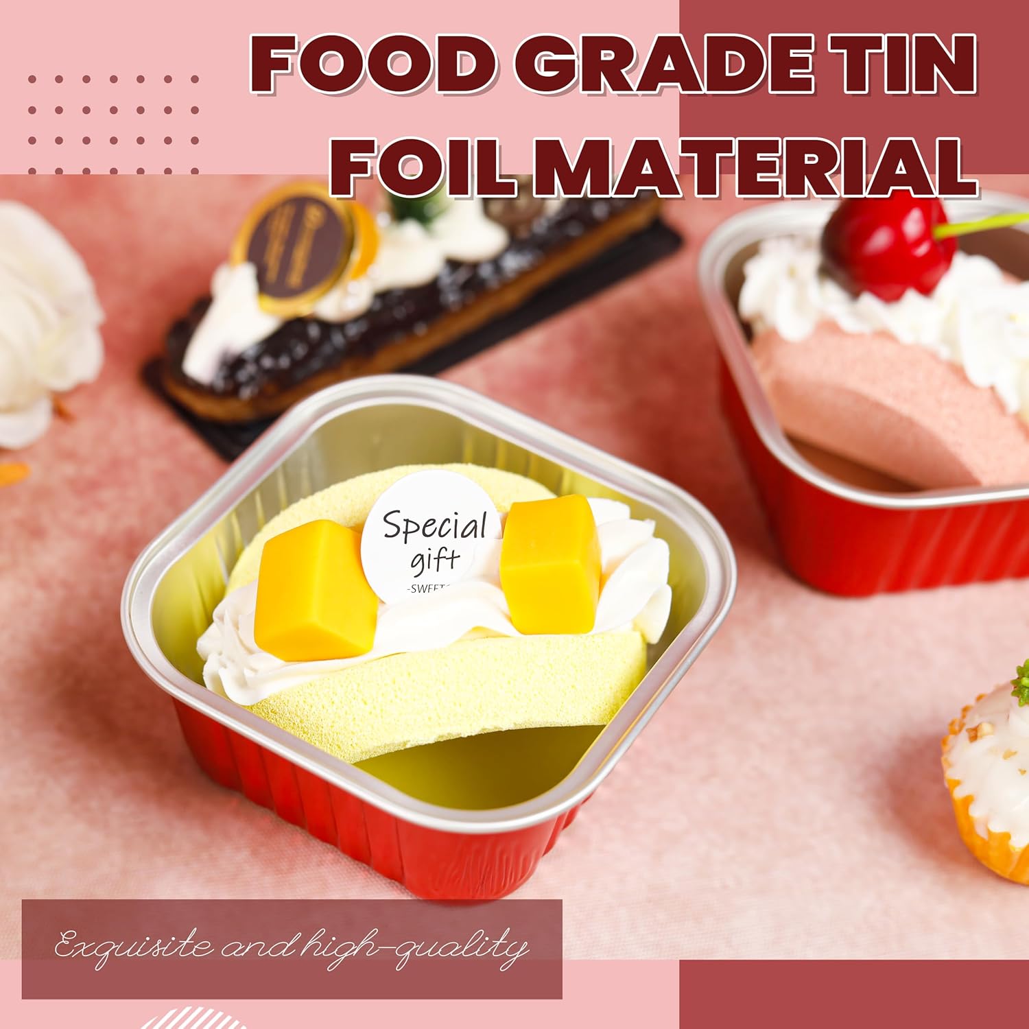 50 Pack Mini Cake Pans with Lids and Spoons Small Aluminum Foil Pans Square Baking Cups Disposable Ramekins Cupcake Liners for Brownie Pie (Red, 5 oz) - Image 4