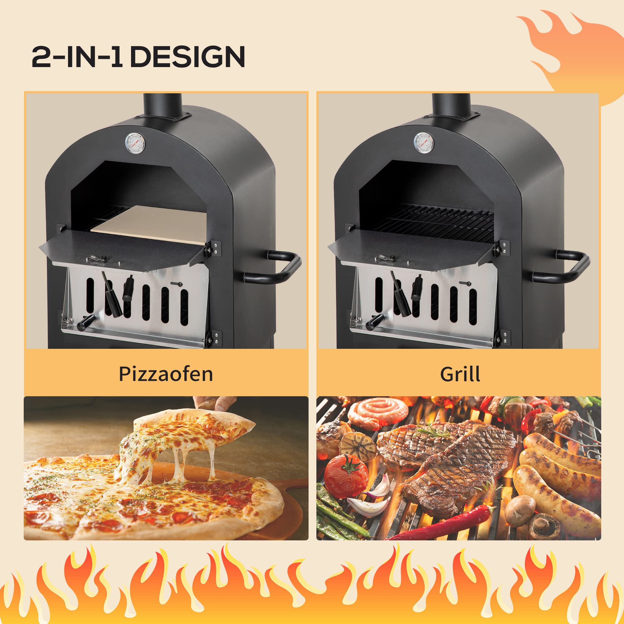 Outsunny 2-In-1 Pizzaofen Outdoor mit Rollen Grillofen Schutzhülle Pizzaschaufel Grillnetzen Grillwagen Schornstein 3-Tier Holzbackofen BBQ Stahl Schwarz Silber 63x54x161 cm