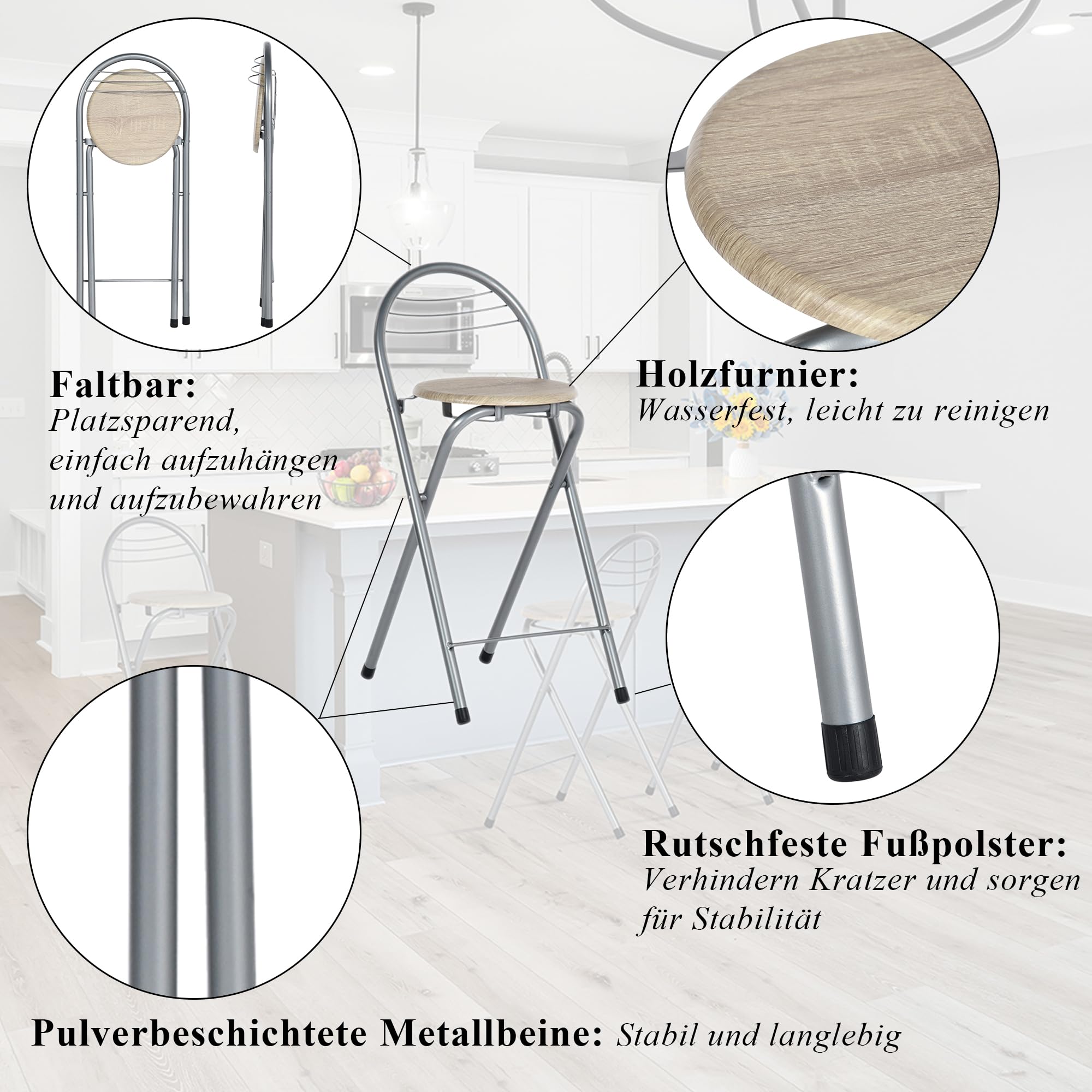 Tabouret Haut de Bar Pliant Lot de 2, Chêne&Argent/Hauteur D'Assise 61CM | Tabouret et Chaise de Bar Haute Pliante Pliable avec Dossier pour Exterieur Interieur Camping Jardin Balcon Salon
