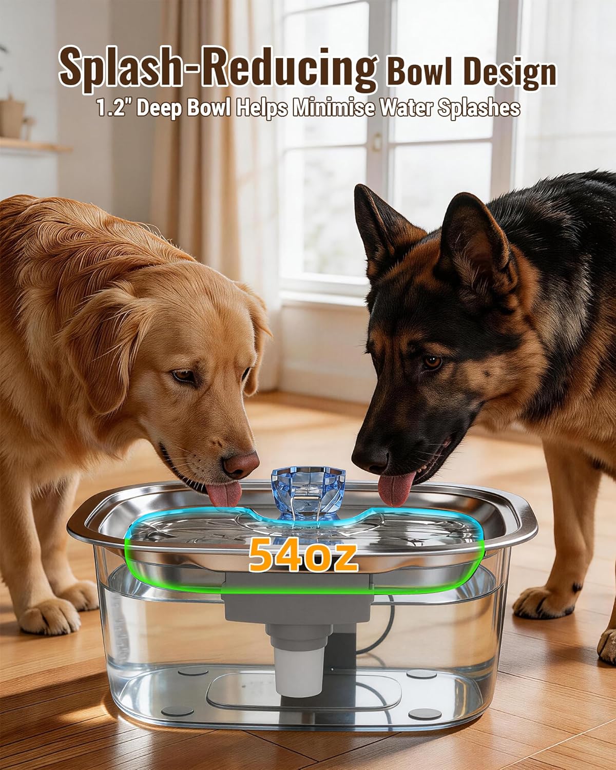 PETNF 3-Gallon Stainless Steel Dog Water Fountain for Large Dogs, Dog Water Bowl Dispenser with 2 Filters, Visible Water Window, Quiet Pump & LED Low-Water Indicator