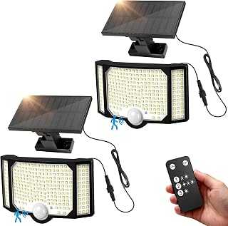 Ollny 182 LED Solar Lights Outdoor, 3 Modes Motion Sensor Outdoor Lights, Remote Control Solar Flood Lights with 16.4 ft Cable, IP65 Waterproof Security Lights for Shed Patio Garage Porch 2 Pack