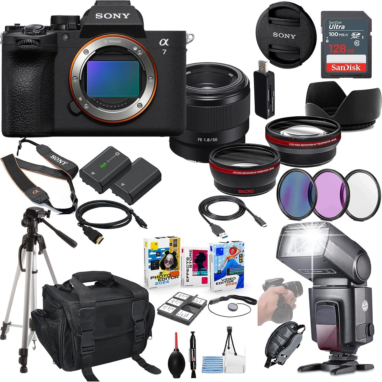 Sony a7 V Mirrorless Camera Bundle - ILCE-7M5/B with FE 50mm f/1.8 Lens + Prime Accessory Package Including 128GB Memory, TTL Flash, Extra Battery, Editing Software Package, Auxiliary Lenses & More