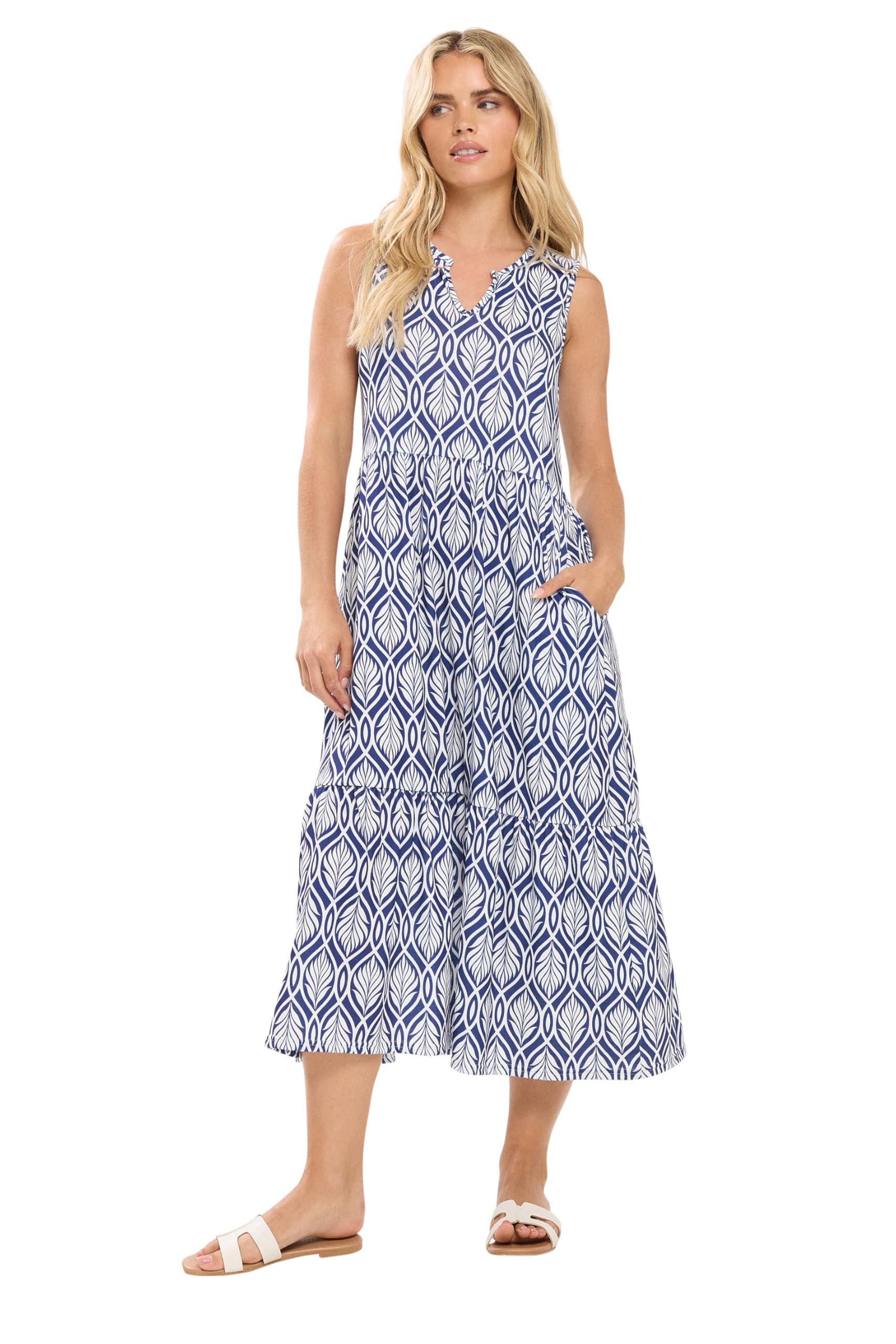 M&Co Petites Petite Blue Leaf Print Sleeveless Dress - Women's