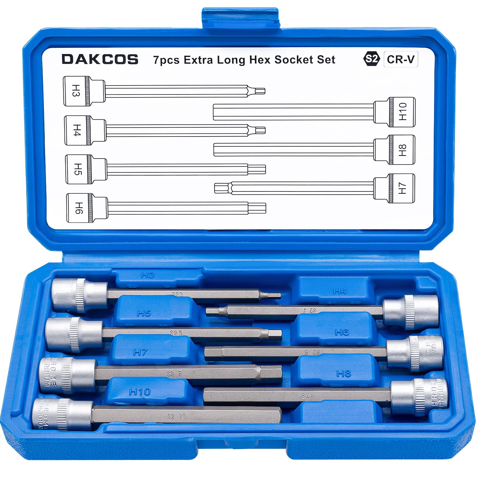DAKCOS 3/8" Drive Long Hex Bits Socket Set, 7pcs Allen Key Bit Socket Set, H3 H4 H5 H6 H7 H8 H10, CR-V Sockets and S2 Bit