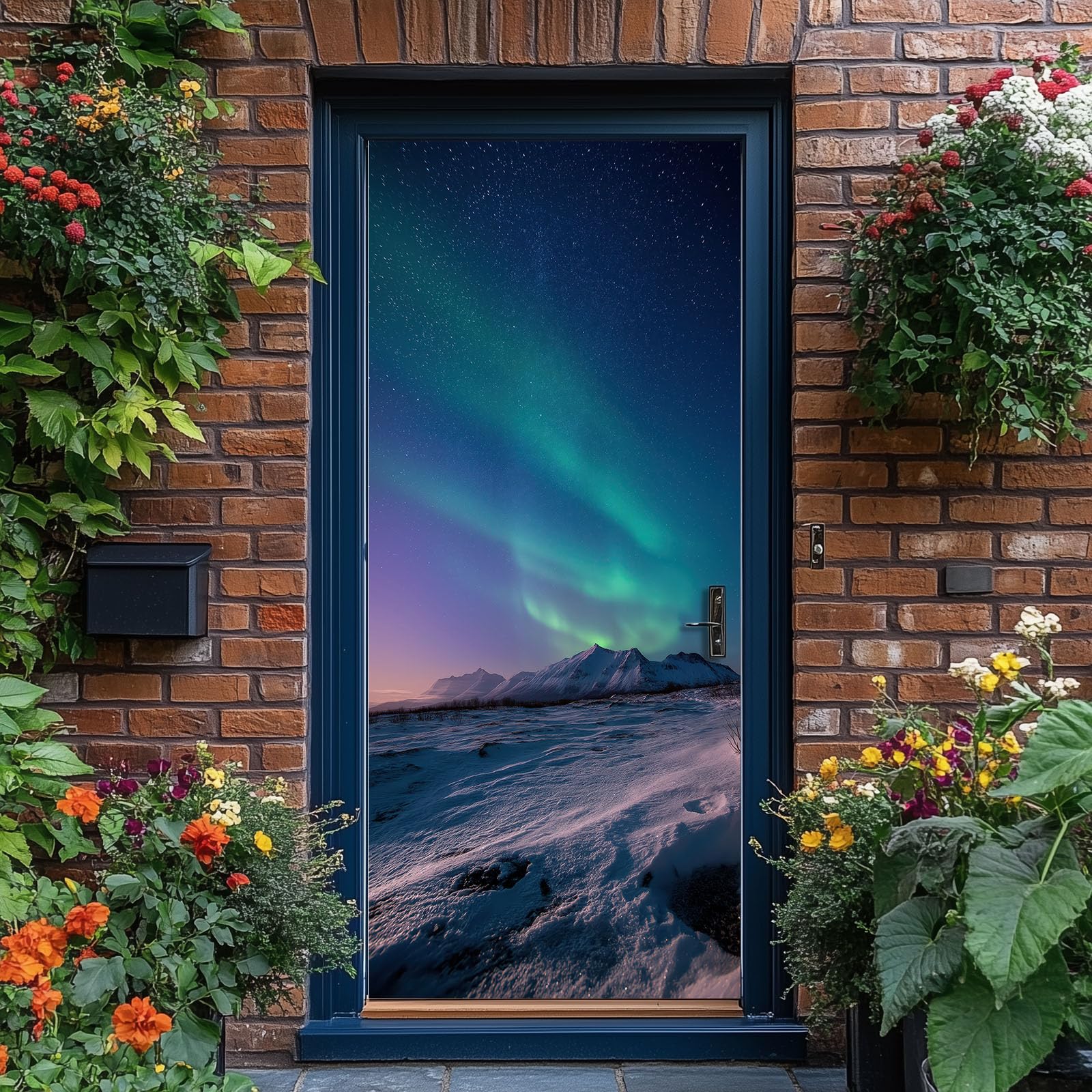 Papel pintado autoadhesivo para puerta, paisaje natural, póster para puerta, pegatina para puerta, montaña cubierta de nieve, aurora polar impermeable, lámina de vinilo para puerta, azul oscuro, papel