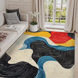 5x7 Colorful Modern Abstract Area Rug - Non-Slip, Washable, Low Pile, Large Carpet for Living Room and Bedroom