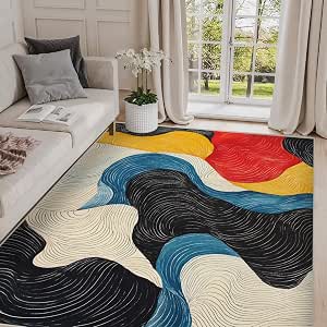 5x7 Colorful Area Rug - Modern Abstract Design in Black, White, Blue, Beige, Red, Yellow - Non-Slip, Washable, Low Pile