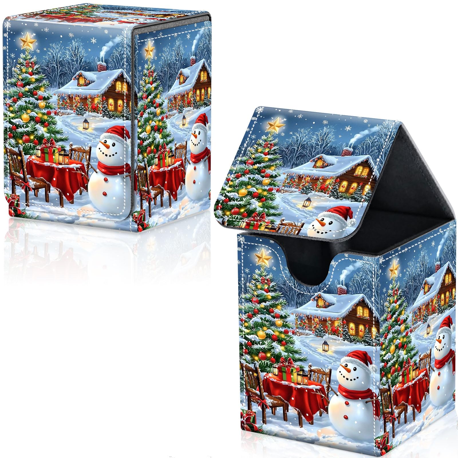Qindaiwen Card Deck Box for Trading Cards, MTG Deck Box Fits 100+ Single Sleeved Cards, PU Leather Strong Magnet Card Deck Case Holder for Magic Commander TCG CCG, Snowy Christmas