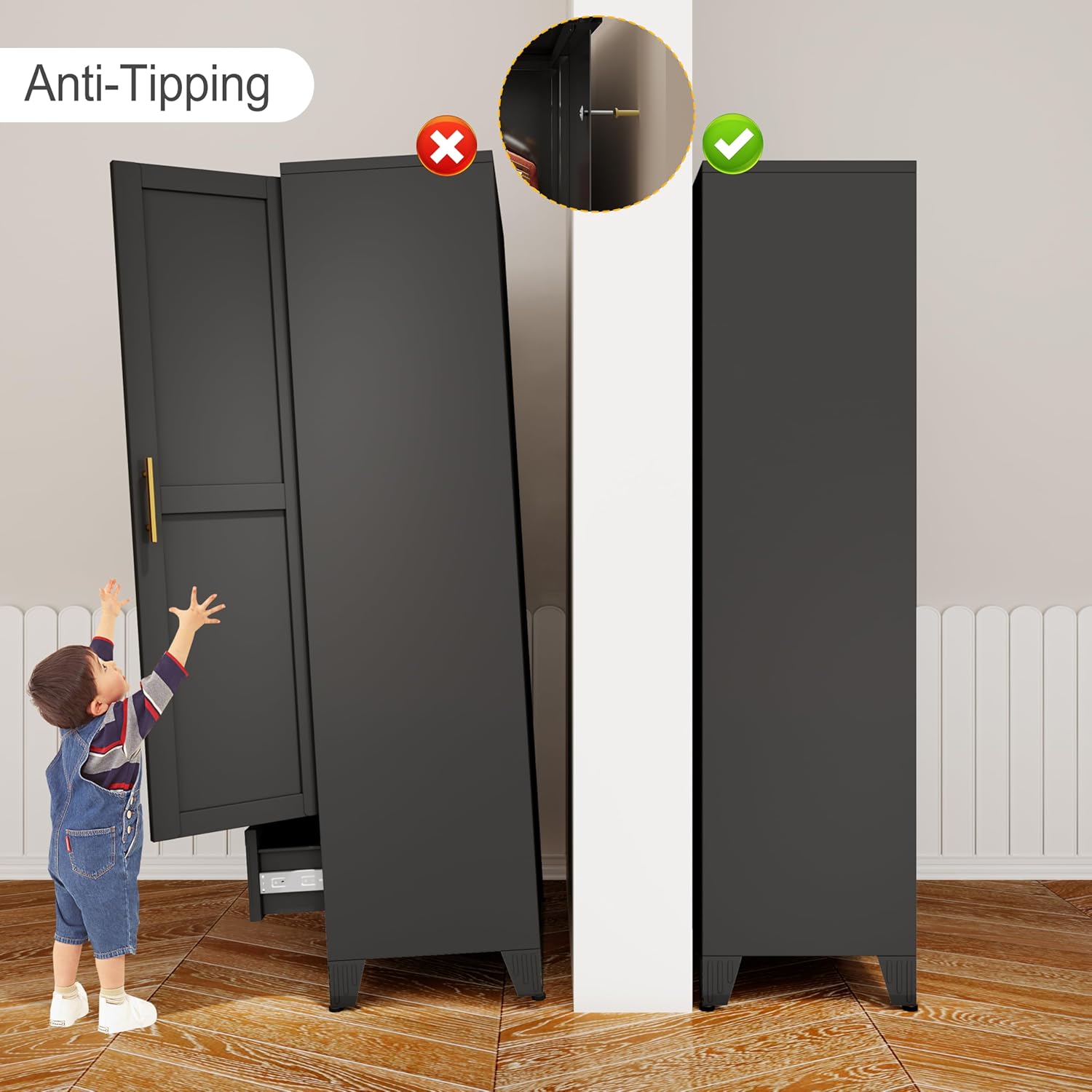 Image illustrating the anti-tipping device installation, showing a child reaching for a tipping wardrobe and a correctly secured wardrobe.