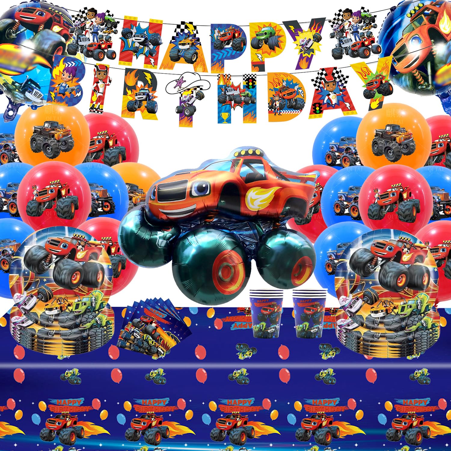Monster Truck Palloncini, 85 Pezzi Addobbi Compleanno Tema MonSter Truck, Stoviglie Compleanno Monster Tr-uck, Monster Tru-ck Stoviglie, Set di Stoviglie per Feste di Compleanno Monster Tr-uck