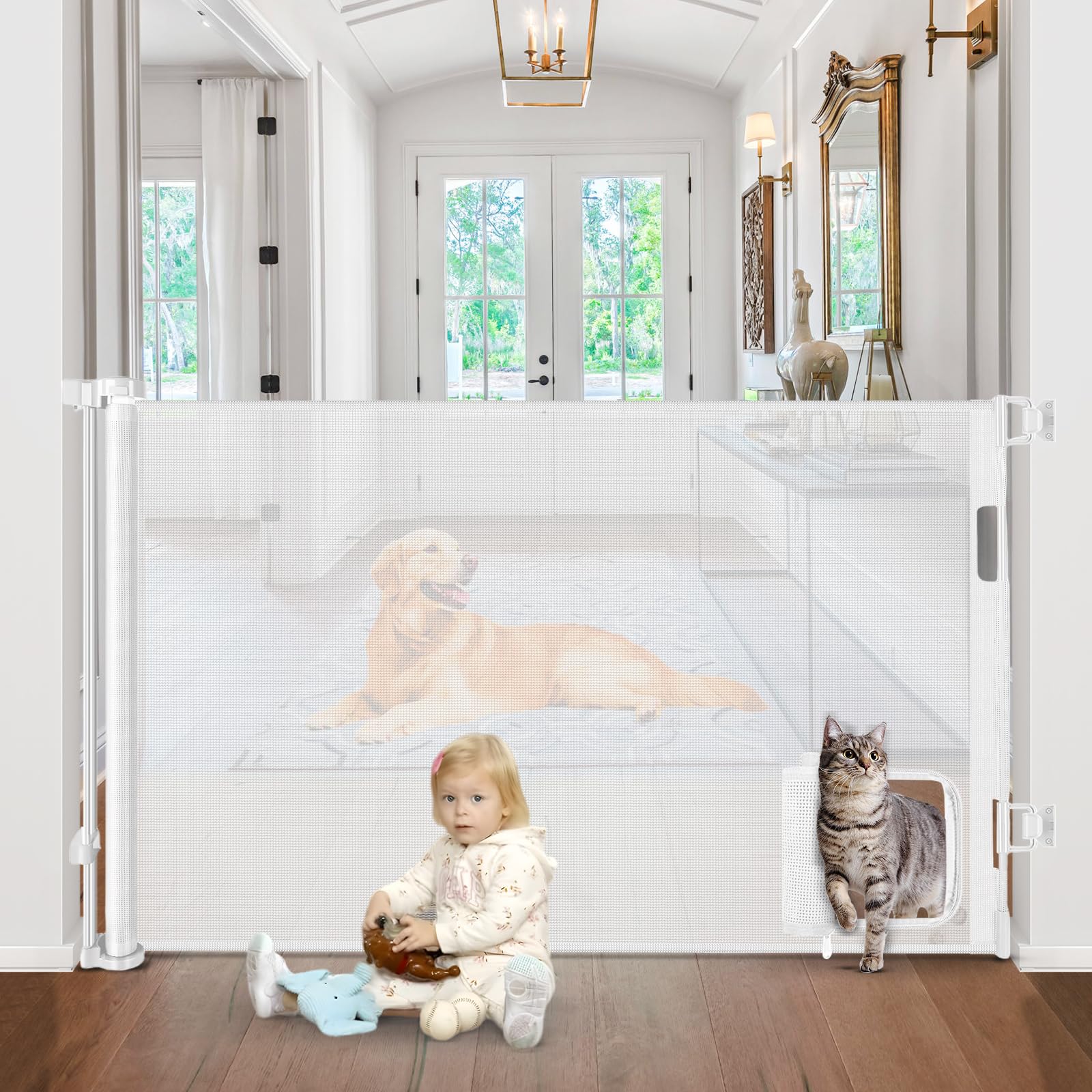 Retractable Baby Gates with Cat Door 80" Wide Retractable Dog Gate with Pet Door Outdoor Retractable Gate for Dogs Retractable Pet Gate with Door Mesh