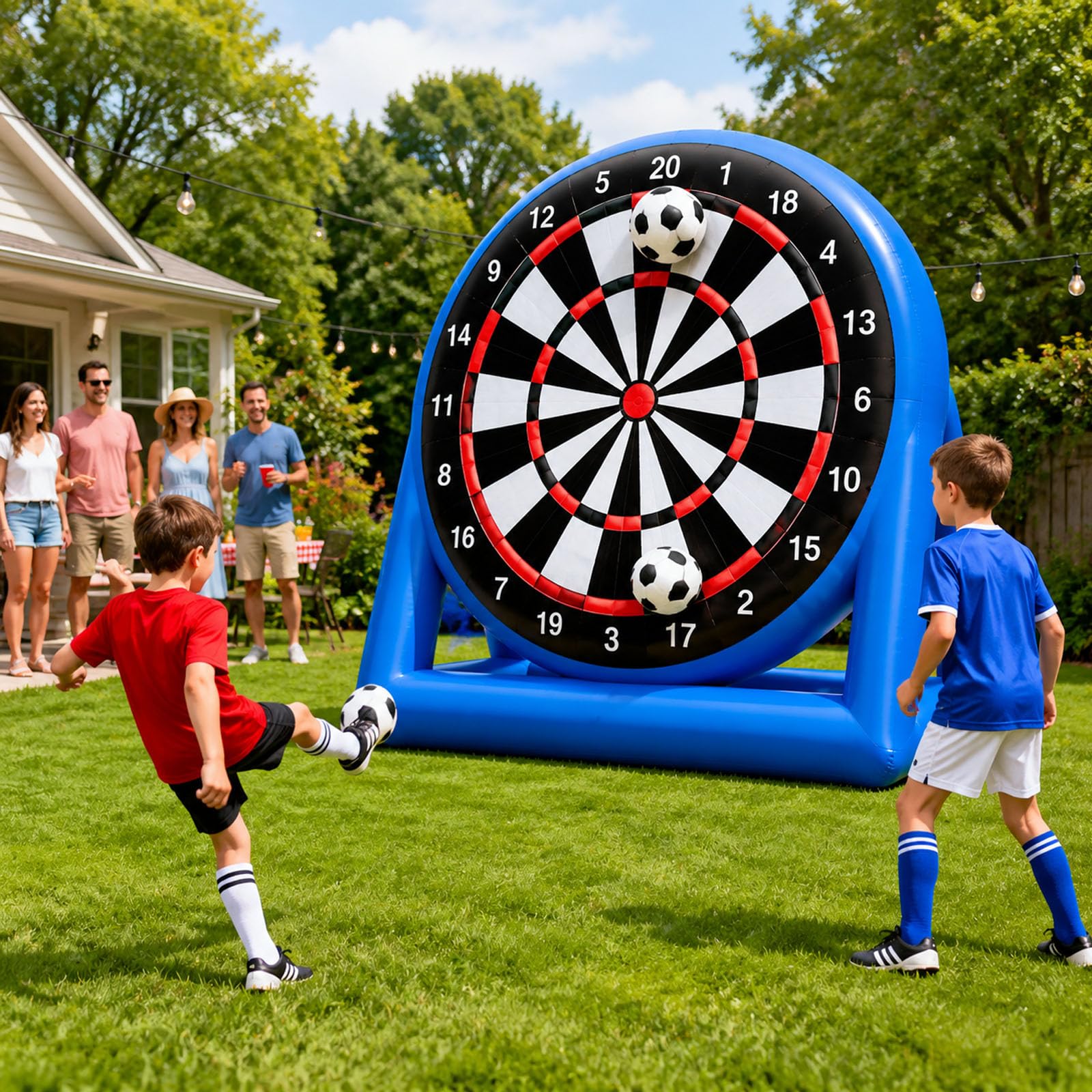 Tablero inflable gigante de dardos de fútbol con bomba de aire, fácil de inflar, incluye 2 pelotas de fútbol, perfecto para fiestas de césped al aire libre y juegos de carnaval
