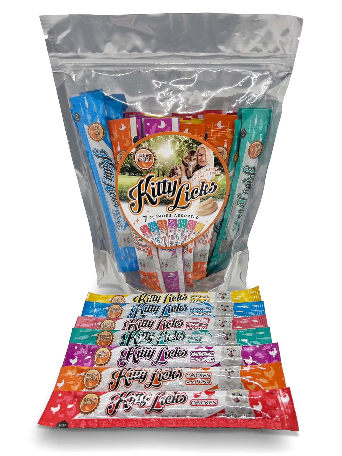 Rena’s Recipe Kitty Licks (28 Tubes / 7 Flavors) Chicken – Chicken with Liver – Chicken with Tuna – Tuna – Tuna with Seafood – Tuna with Salmon – Tuna with Scallop