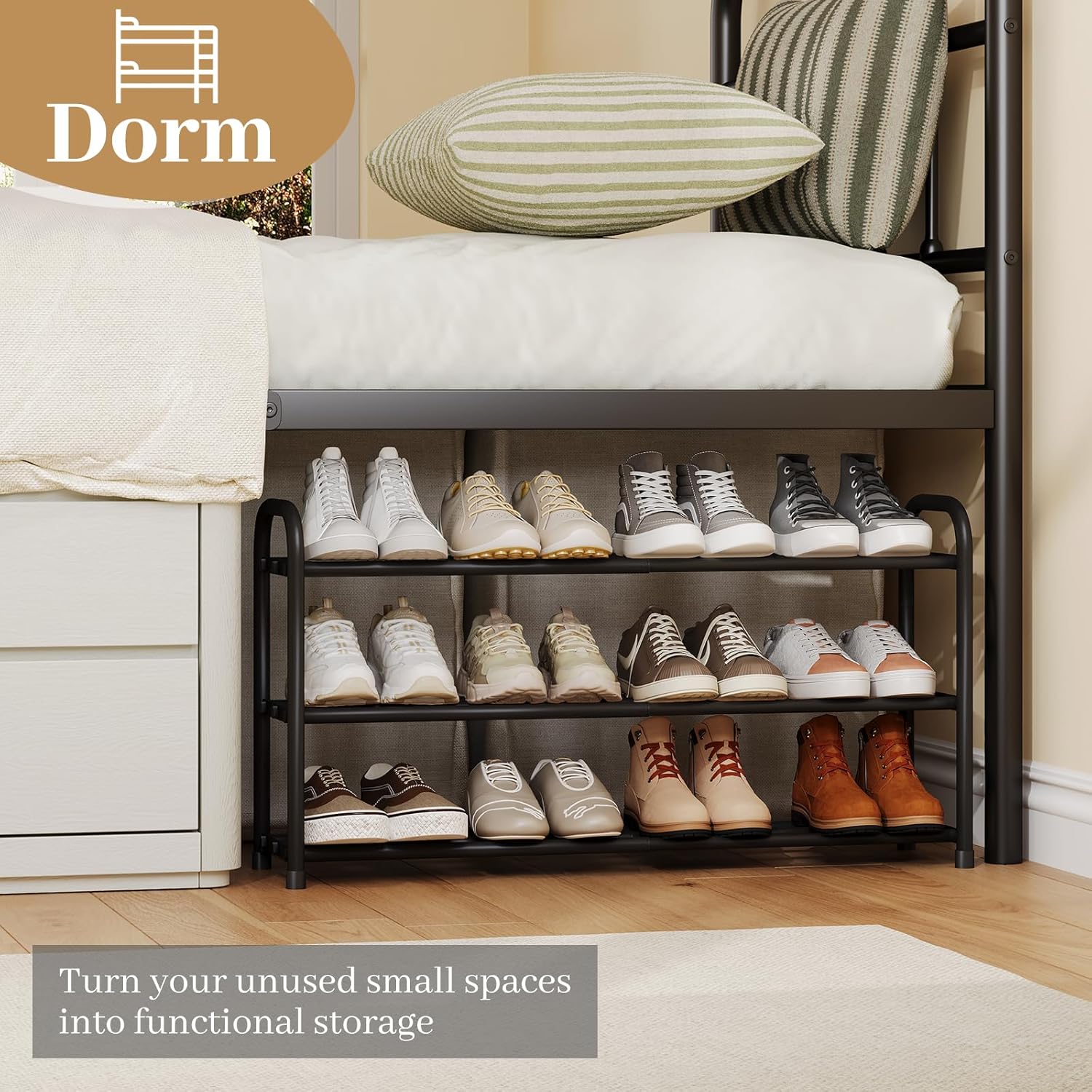 Expandable Shoe Rack, 3-Tier Metal Shoe Storage Shelf, Adjustable Shoes Organizer for Closet, Entryway and Small Space, Black