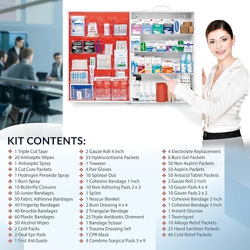 Miniatura 5 de MFASCO Kit de primeros auxilios de metal para el lugar de trabajo, gabinete de montaje en pared de 4 estantes con medicamentos, caja de primeros