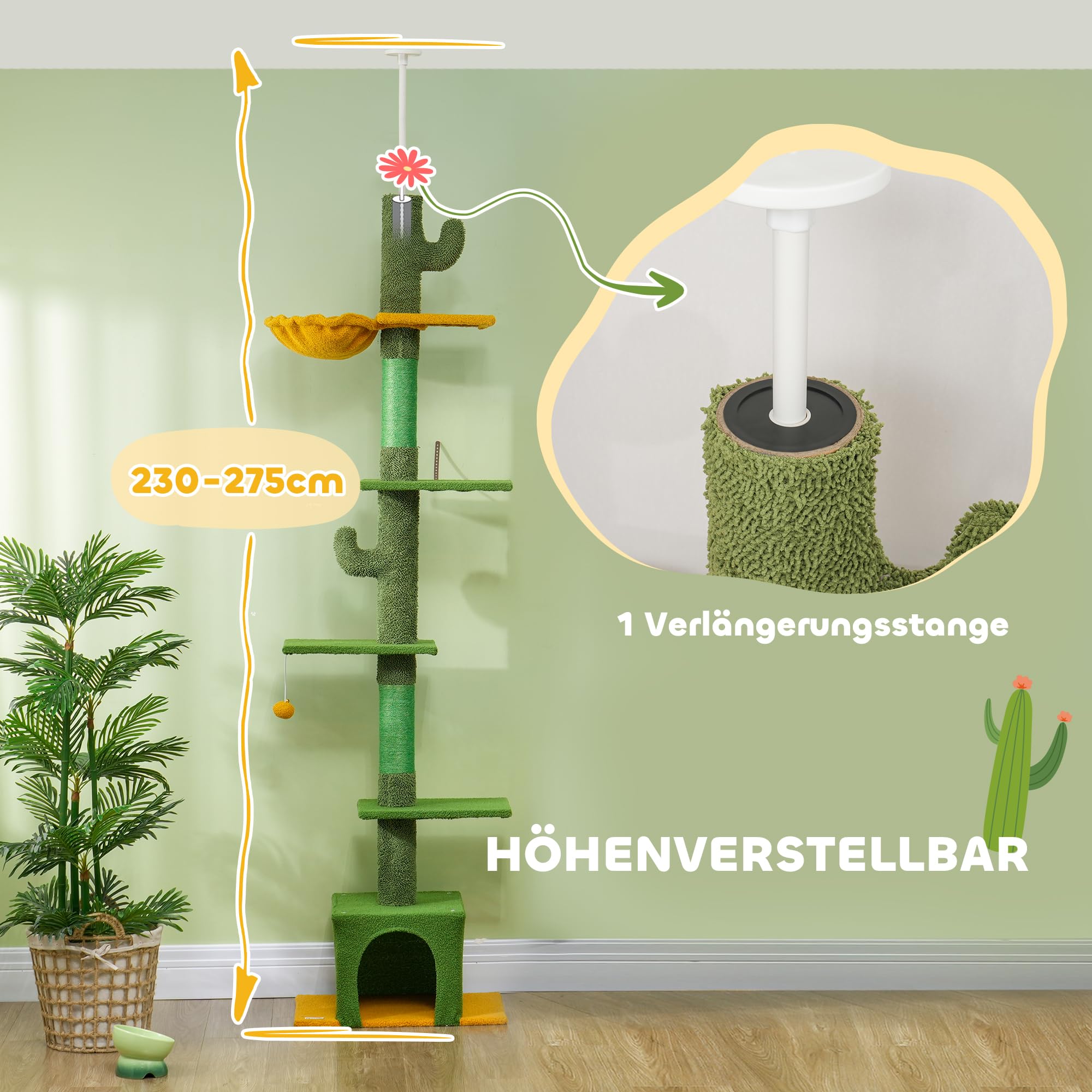 PawHut Kratzbaum Deckenhoch Katzenbaum 230-275 cm mit Katzenhöhle Grün | Katzenkratzbaum, Kratzstämmen, Spielball, Katzenmöbel mit Kippschutz