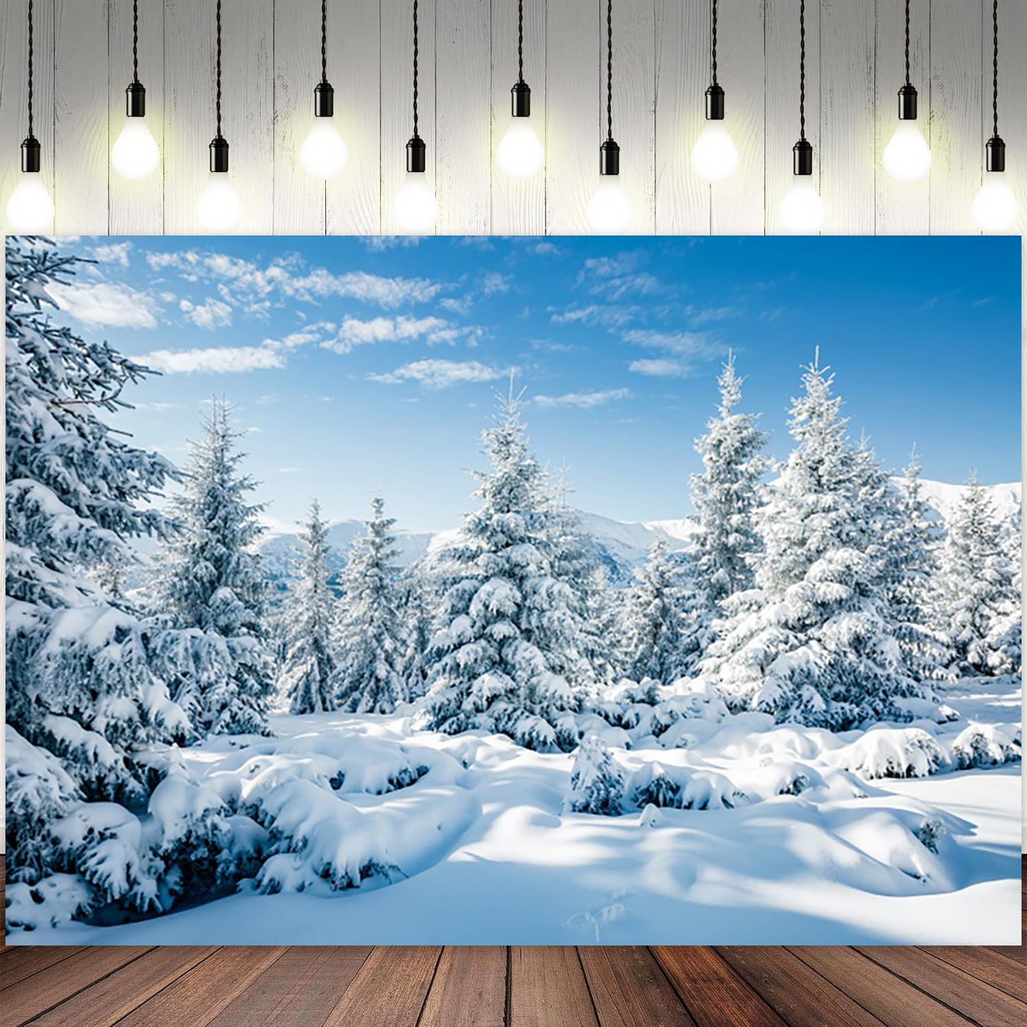 3 x 2,4 m Inverno Paese delle Meraviglie Sfondo Neve Foresta Fotografia di Natale Sfondo Bianco Scena innevata Pini Blu Cielo Nuvola Banner Decorazioni Natale Capodanno Vacanze Festa Photo