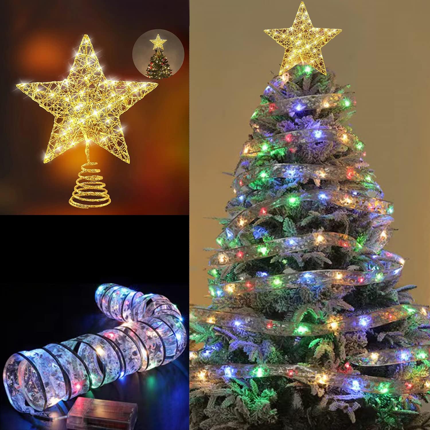 Christmas Star Tree Topper with Christmas Tree Ribbon Lights, Christmas Lights Decorations Set, 16.4 ft 50 LED Ribbon Fairy Lights, Christmas New Year Ornaments for Home Party Indoor and Outdoor