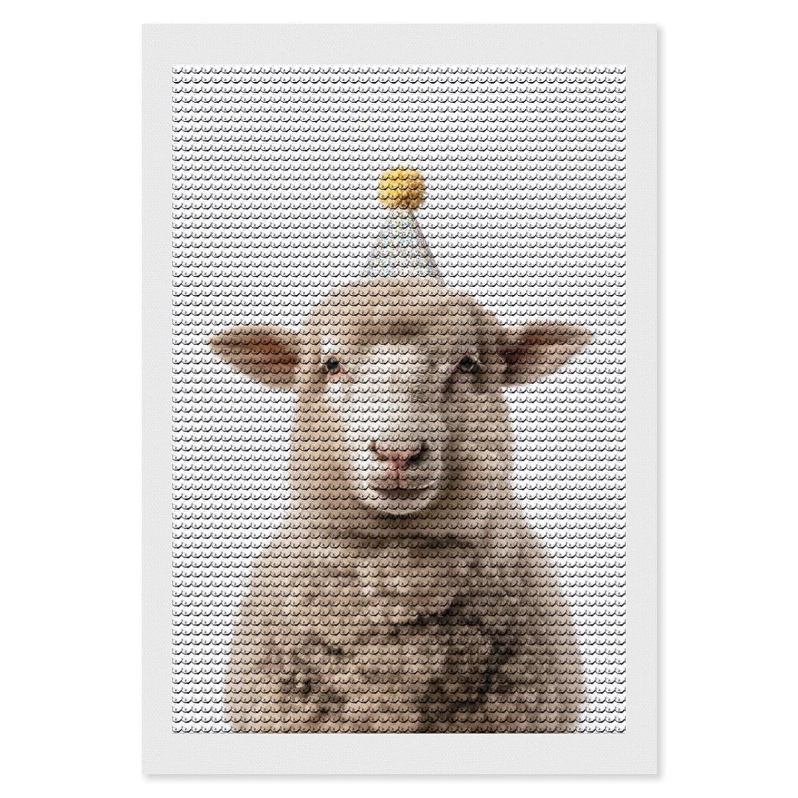 Junmoney Cute Sheep with Party Hat Diamond Painting Canvas Set 8"x12", Mindful Craft Activity, Nice Detail and Sparkle, Farmhouse Decor, Birthday Gift