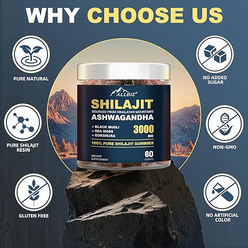Miniatura 9 de Gomitas puras de Shilajit del Himalaya con Ashwagandha Gokshura, endulzadas con miel orgánica, 100% natural y sin OMG Shilajit para hombres y